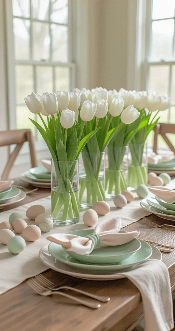 Ultra-detailed Easter tablescape featuring a cream linen runner on an oak dining table, showcasing white tulips in graduated glass vases, layered pastel plates, bunny ear napkins, and hand-painted wooden eggs, all illuminated by soft morning light.
