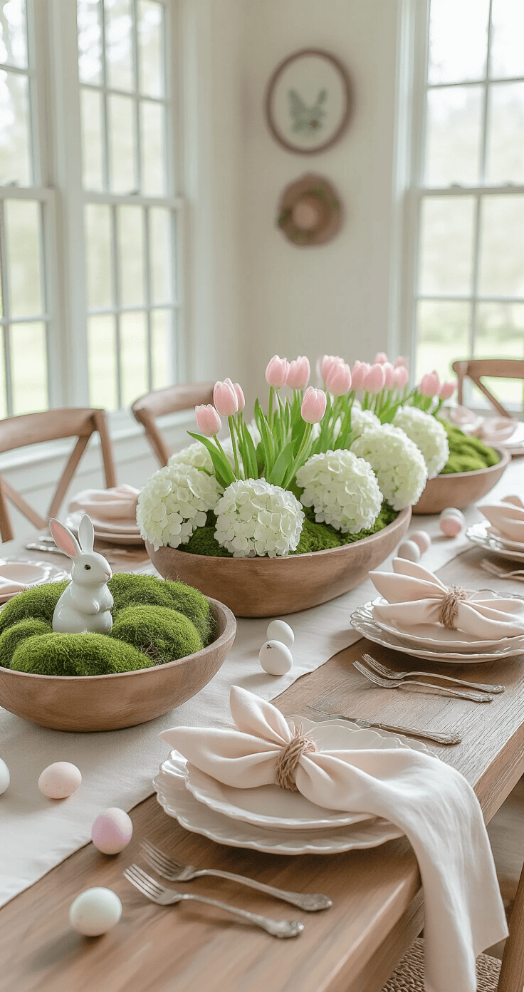 A beautifully arranged Easter brunch table featuring a wooden farmhouse table with a blush and cream color scheme, adorned with a rustic dough bowl centerpiece filled with moss, white hydrangeas, and pink tulips, alongside scalloped ceramic plates, bunny ear folded napkins, speckled pastel eggs, porcelain bunnies, vintage silver cutlery, and crystal glasses, all illuminated by natural light from large windows.