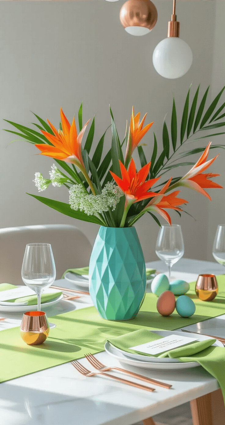 Easter Table Decorations That'll Make Your Guests Say "Wow, Did You Hire a Designer?" A modern Easter table scene featuring a white marble table topped with a geometric ceramic vase filled with tropical flowers, vibrant hand-painted ceramic eggs, transparent acrylic place cards with gold-leafed names, metallic copper napkin rings, and minimalist flatware. Lime green linen runners add movement, while overhead lighting casts dramatic shadows, enhancing the bold coral, turquoise, and lime green color palette.