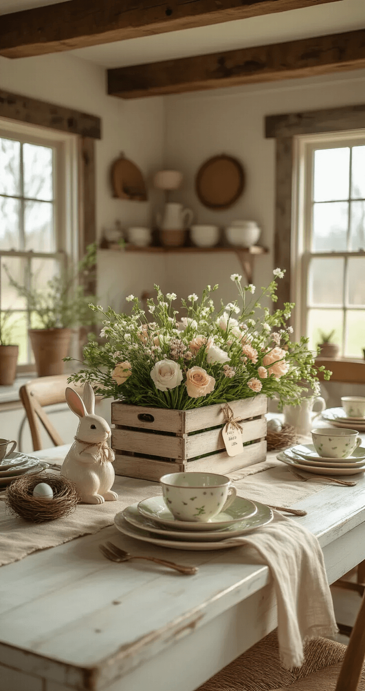 Easter Table Decorations That'll Make Your Guests Say "Wow, Did You Hire a Designer?" A rustic farmhouse-style Easter table set with a linen tablecloth, vintage wooden crate centerpiece filled with spring flowers and a bunny figurine, mismatched china, mason jars with flowers, and bird's nests, all bathed in warm afternoon sunlight.