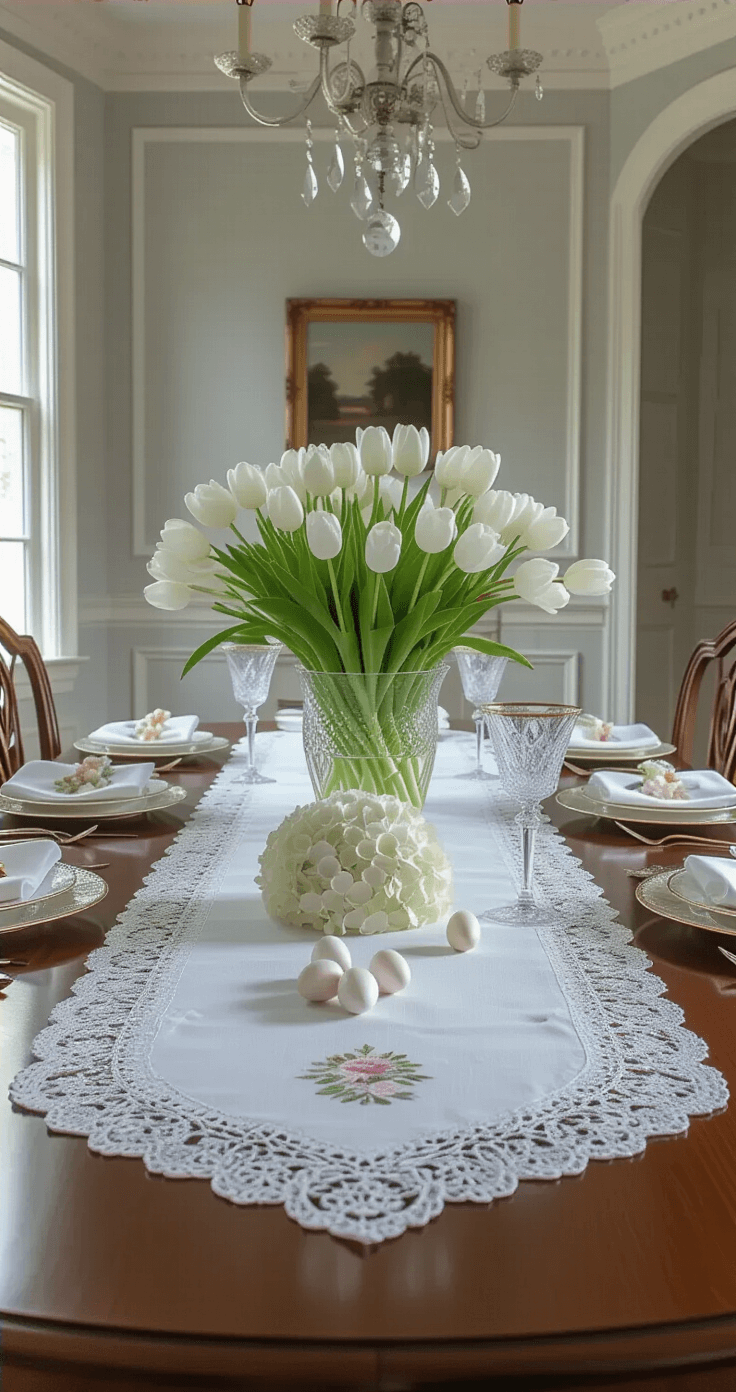 Easter Table Decorations That'll Make Your Guests Say "Wow, Did You Hire a Designer?" Elegant Easter table setting in a refined dining room with gray walls, featuring a mahogany table with a lace runner, floral centerpiece, fine china, and decorative accents.