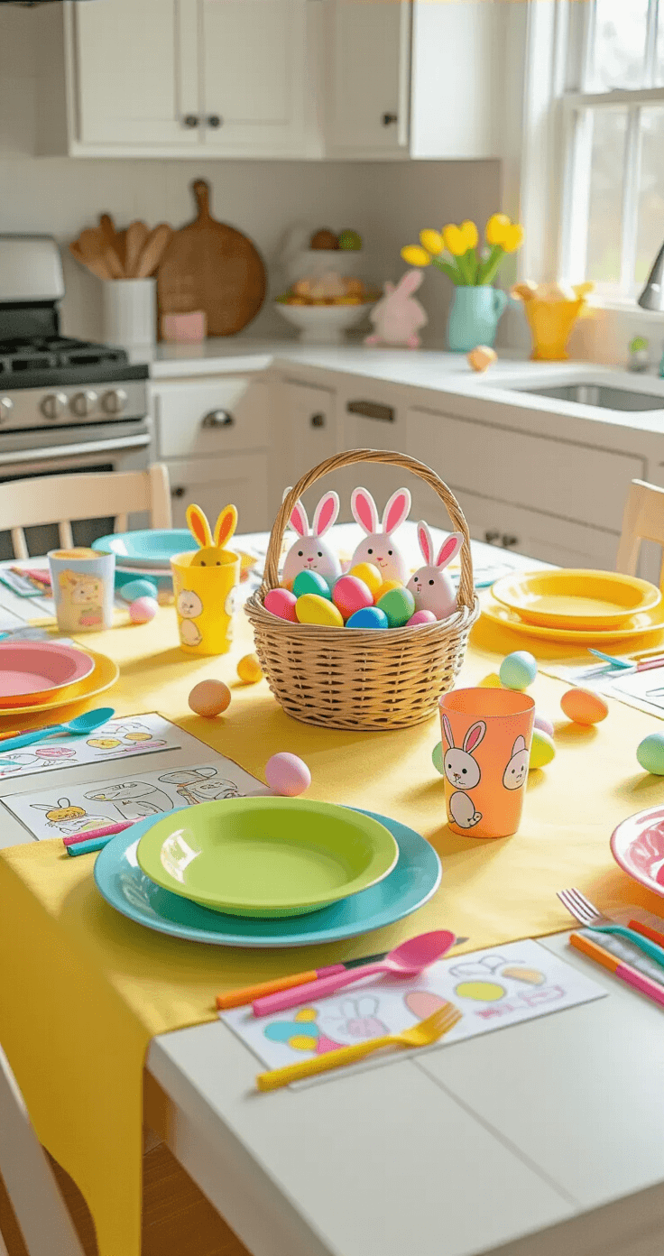 Easter Table Decorations That'll Make Your Guests Say "Wow, Did You Hire a Designer?" A bright, sunlit kitchen featuring a playful Easter table scene with a white farmhouse-style table draped in a pastel yellow tablecloth, colorful paper placemats, plastic egg holders, a basket of plastic eggs and stuffed bunnies, bright melamine plates, bunny-handle cutlery, sippy cups with character prints, scattered crayons, and chocolate eggs, all evoking a cheerful, kid-friendly atmosphere.
