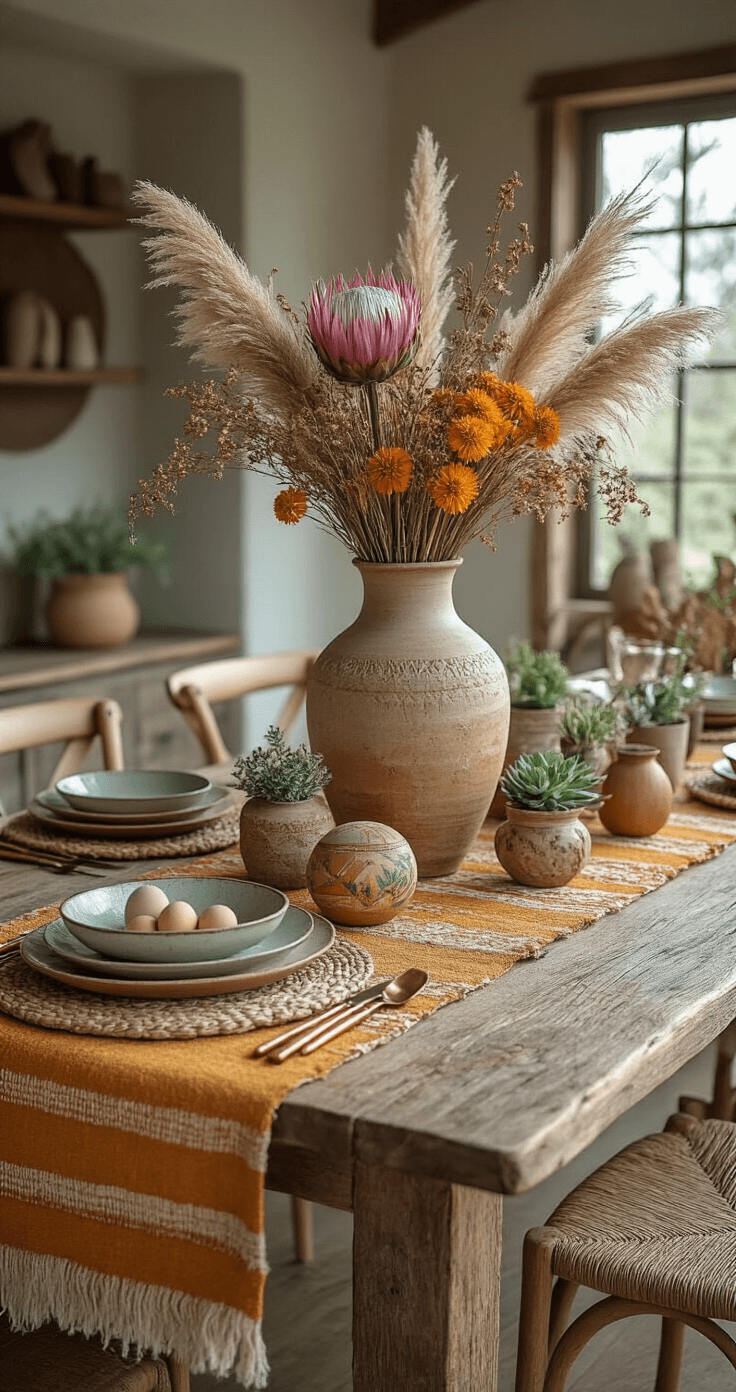 Easter Table Decorations That'll Make Your Guests Say "Wow, Did You Hire a Designer?" A bohemian-inspired Easter table setting featuring a reclaimed wood table with a natural edge, a mixed textile runner in mustard, rust, and olive green, a centerpiece of dried pampas grass and protea flowers in a handmade ceramic vase, handwoven placemats, mismatched vintage plates, copper cutlery, macramé napkin holders, hand-painted ceramic eggs, and small potted succulents, all illuminated by warm, golden lighting.