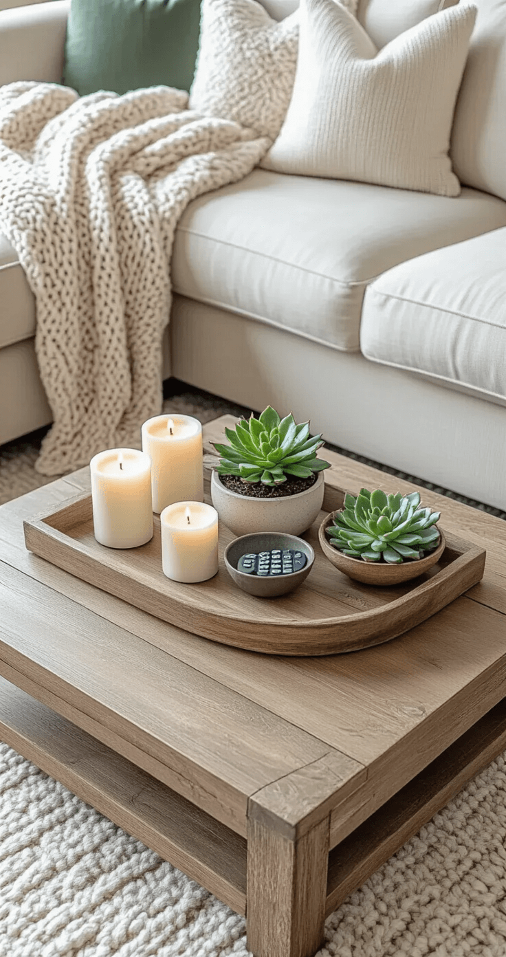 Aerial view of a winter-styled coffee table featuring a large wooden tray with three varying height candles, a small potted succulent, and a decorative bowl for remotes, surrounded by a chunky knit blanket on a neutral linen sofa, in a soft forest green and cream color palette with metallic accents.