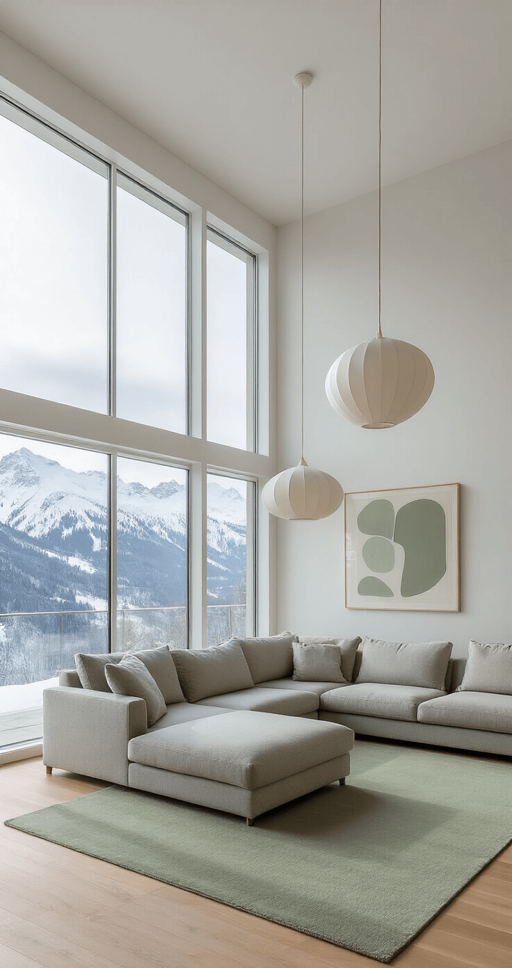 Ultra-modern Scandinavian minimalist living room featuring floor-to-ceiling windows with mountain views, a dove gray wool sectional sofa, pale oak hardwood floors, mid-century pendant lighting, and a geometric wool area rug in muted sage green, bathed in morning sunlight, with crisp white walls adorned by an abstract art piece.