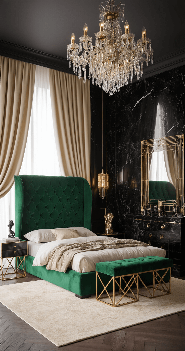 Art Deco inspired bedroom featuring an emerald green velvet tufted headboard, gold geometric side tables, a black marble accent wall, and a crystal chandelier, accented by a vintage brass-framed mirror, a plush cream area rug, silk damask curtains, and an Art Deco sculpture, all illuminated by moody evening lighting that enhances the room's luxurious depth and texture.