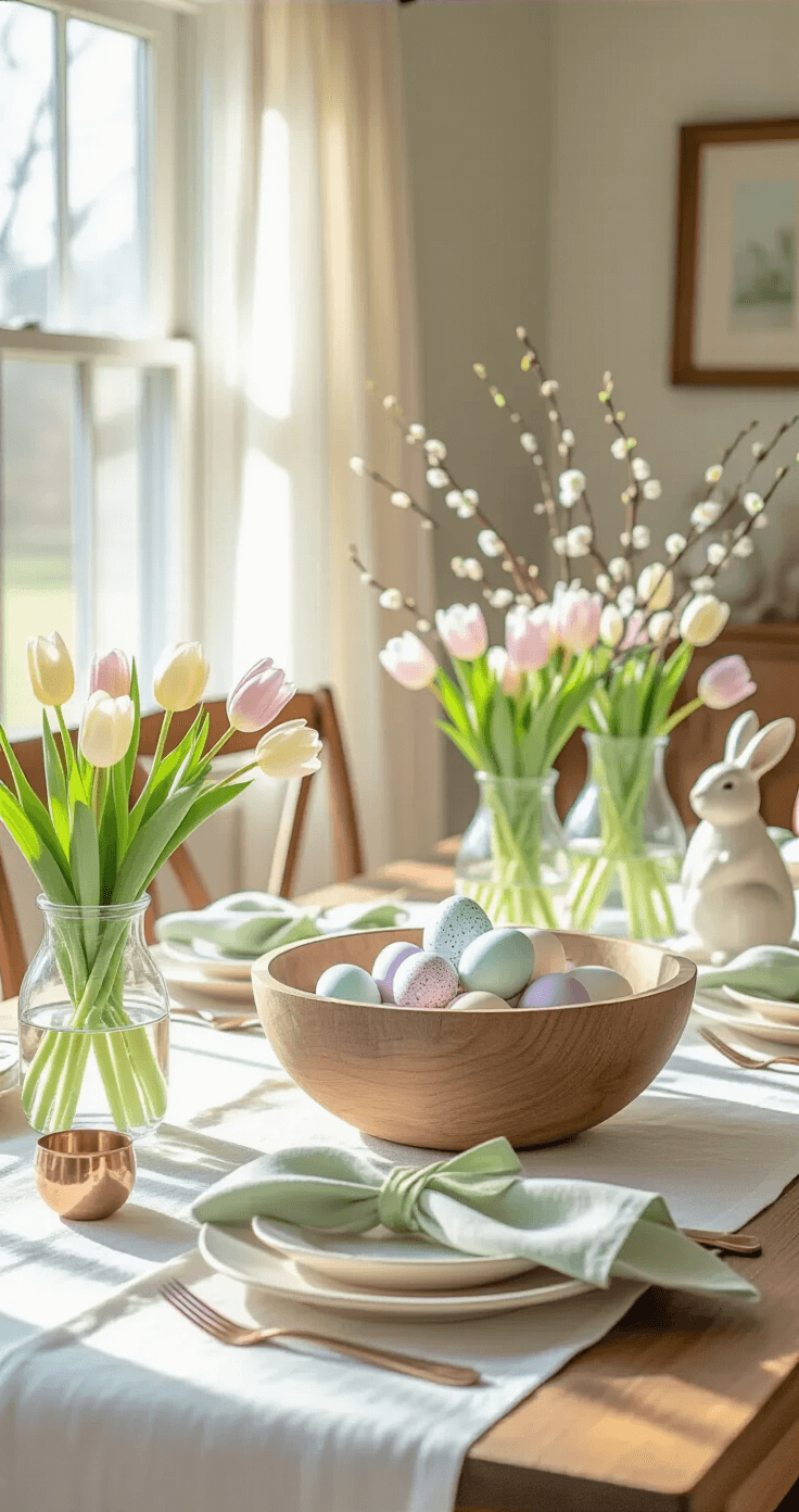 A sunlit farmhouse dining room featuring a pastel yellow and lavender Easter tablescape with a white linen tablecloth, speckled eggs in a wooden bowl, tulips in glass vases, sage green ribbon-wrapped napkins, and vintage copper napkin rings, all under soft morning light filtering through sheer linen curtains.
