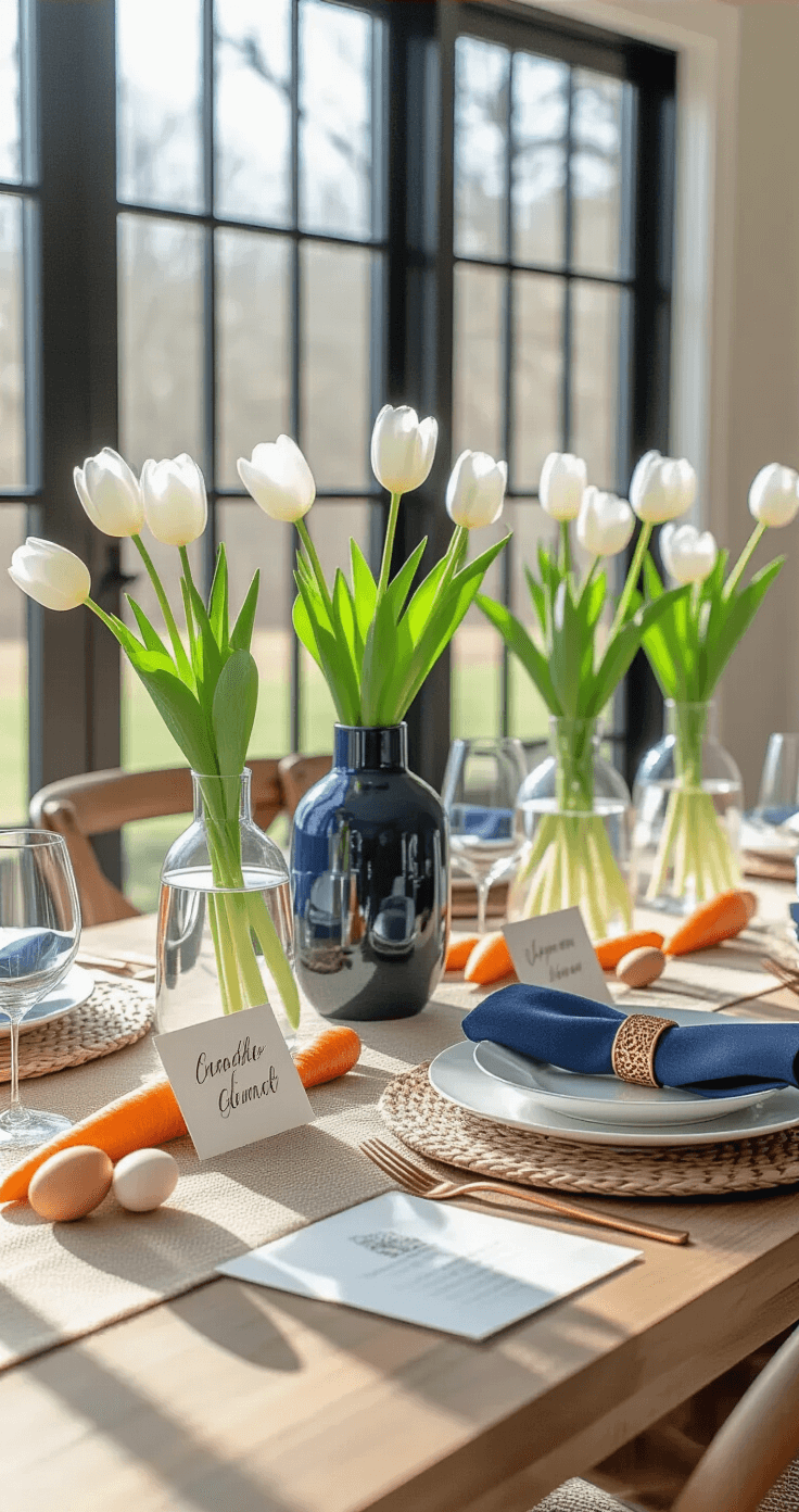 Sophisticated Easter brunch table setting featuring a long wooden table with a white base, bold navy blue and burnt orange accents, modern glass vases with single-stem white tulips, geometric copper napkin rings, and carrot-shaped hand-calligraphed place cards, complemented by smooth ceramic eggs, rough burlap accents, and polished silverware, illuminated by dramatic side lighting from large windows.