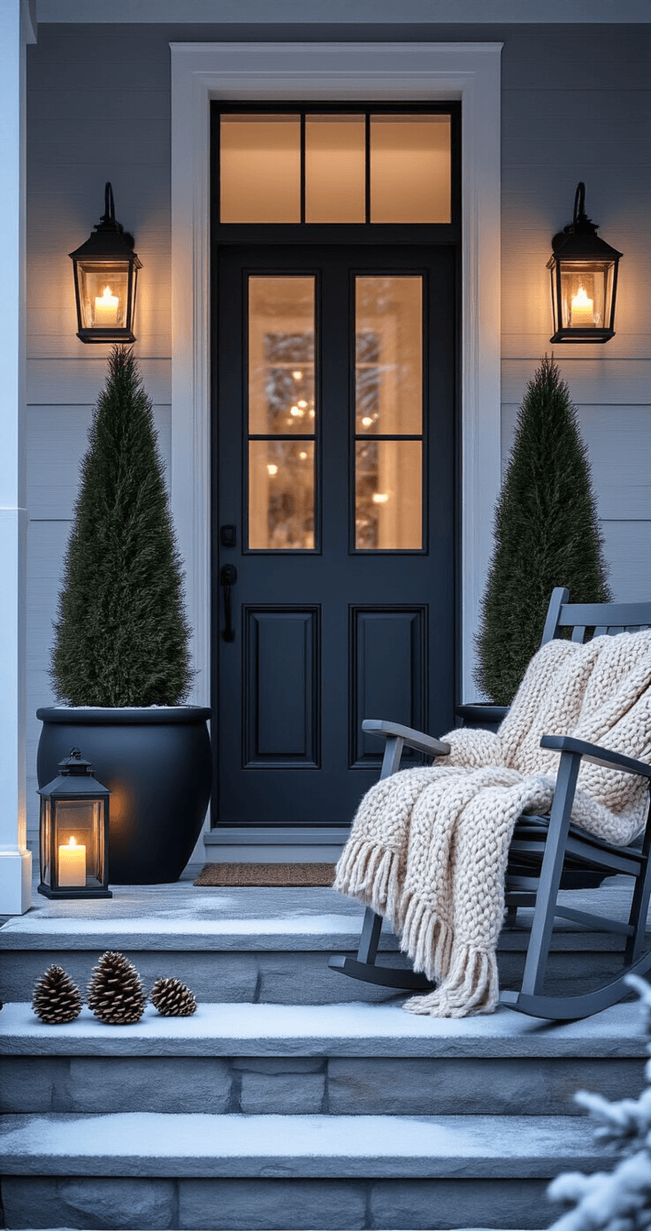 A photorealistic winter porch scene at twilight, featuring tall Italian cypress trees in matte black planters flanking a charcoal door, illuminated by warm candlelight lanterns on stone steps. A chunky cream throw is draped over a rustic rocking chair, with light snow on the railings and scattered pine cones. Warm light glows softly through frosted glass sidelights, captured with a low angle and soft focus background.