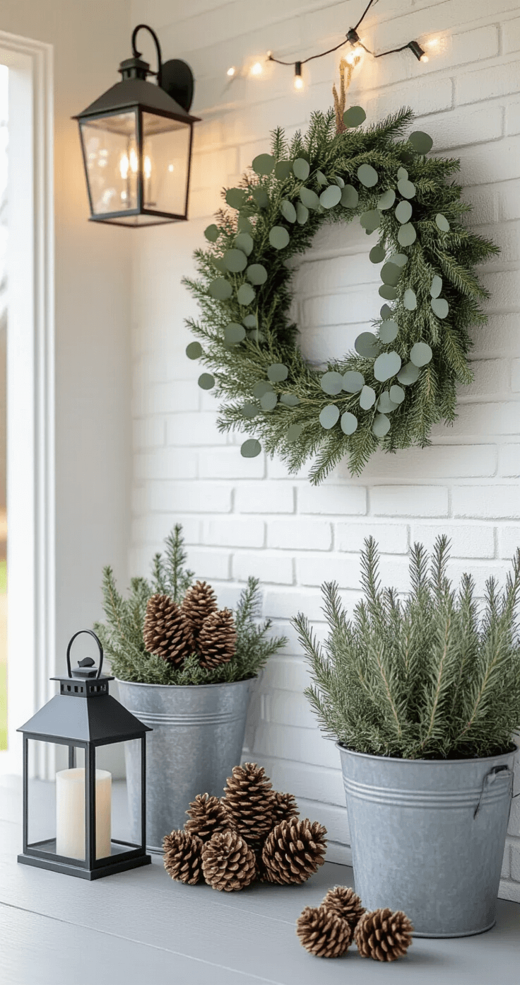 Sophisticated winter porch featuring a eucalyptus wreath, neutral colors, white brick wall, black metal lanterns, galvanized bucket with pine cones, rosemary topiary in dove gray planter, warm string lights, and soft morning light.