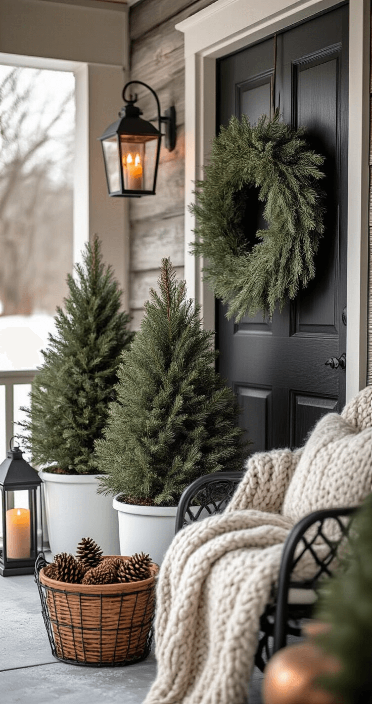 Rustic winter porch featuring a dark wooden door adorned with a birch branch wreath, large evergreen trees in white ceramic pots, and a black metal chair draped with a heathered gray chunky cable knit throw. Copper and black metal lanterns with flickering candles, a terra cotta basket filled with pinecones, and soft snowfall create a cozy atmosphere in warm golden hour light.