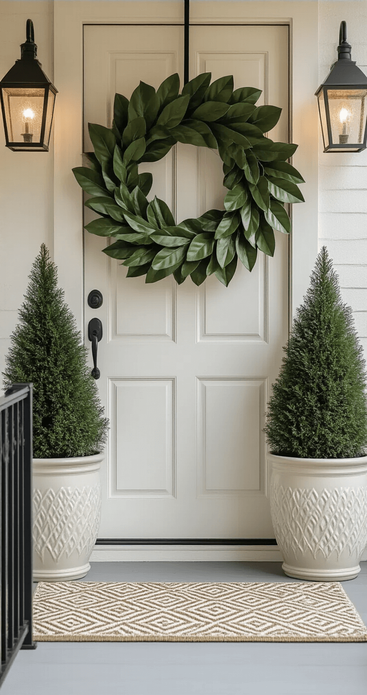 Elegant winter porch entrance featuring a magnolia leaf wreath, neutral colors, symmetrical lanterns, dwarf Alberta spruce trees, and a geometric doormat, all captured in soft evening light with frosted railings and modern architectural details.