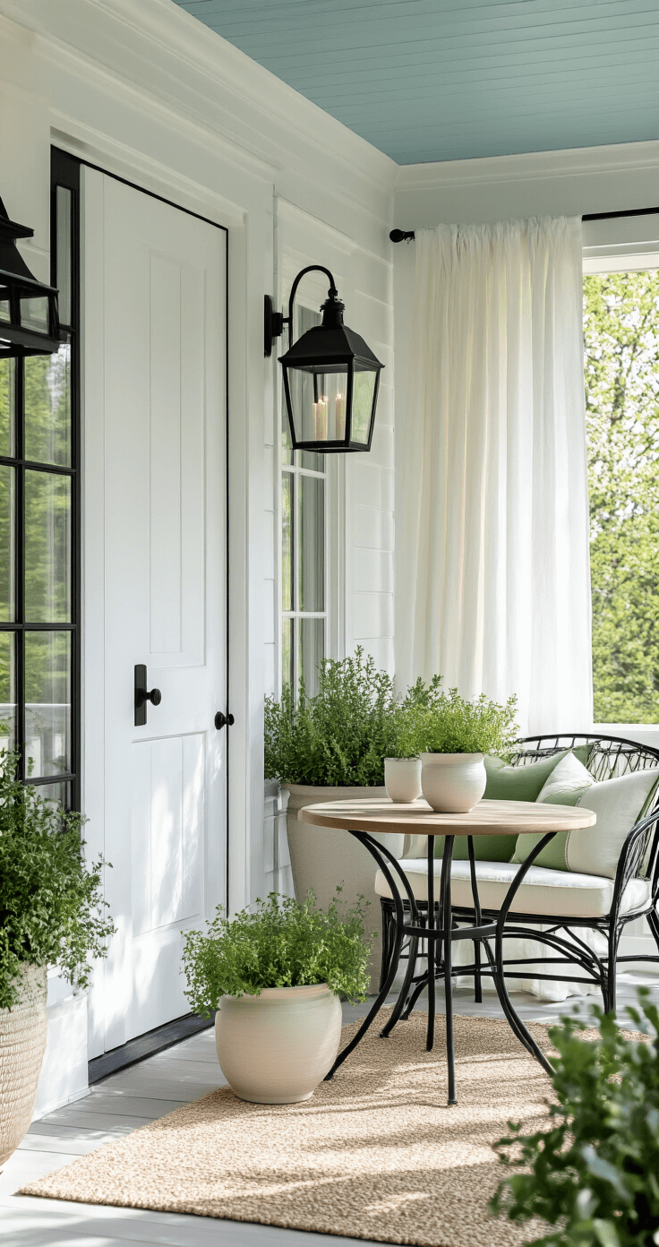 Modern farmhouse spring porch featuring a crisp white door with black hardware, oversized matte black lanterns, a natural wood bistro set, large ceramic planters with herbs, soft cream cushions, a haint blue ceiling, and morning light filtering through white curtains, showcasing minimalist styling and layered textures.