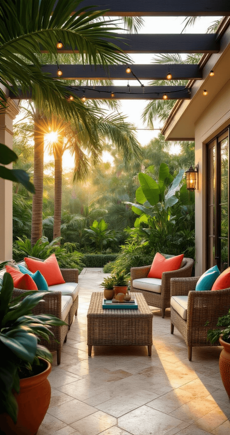 Photorealistic view of a Florida patio featuring weather-resistant aluminum furniture with coral and turquoise cushions, synthetic wicker chairs, travertine flooring, and lush tropical plants in terra cotta pots, all illuminated by golden hour lighting and overhead string lights.