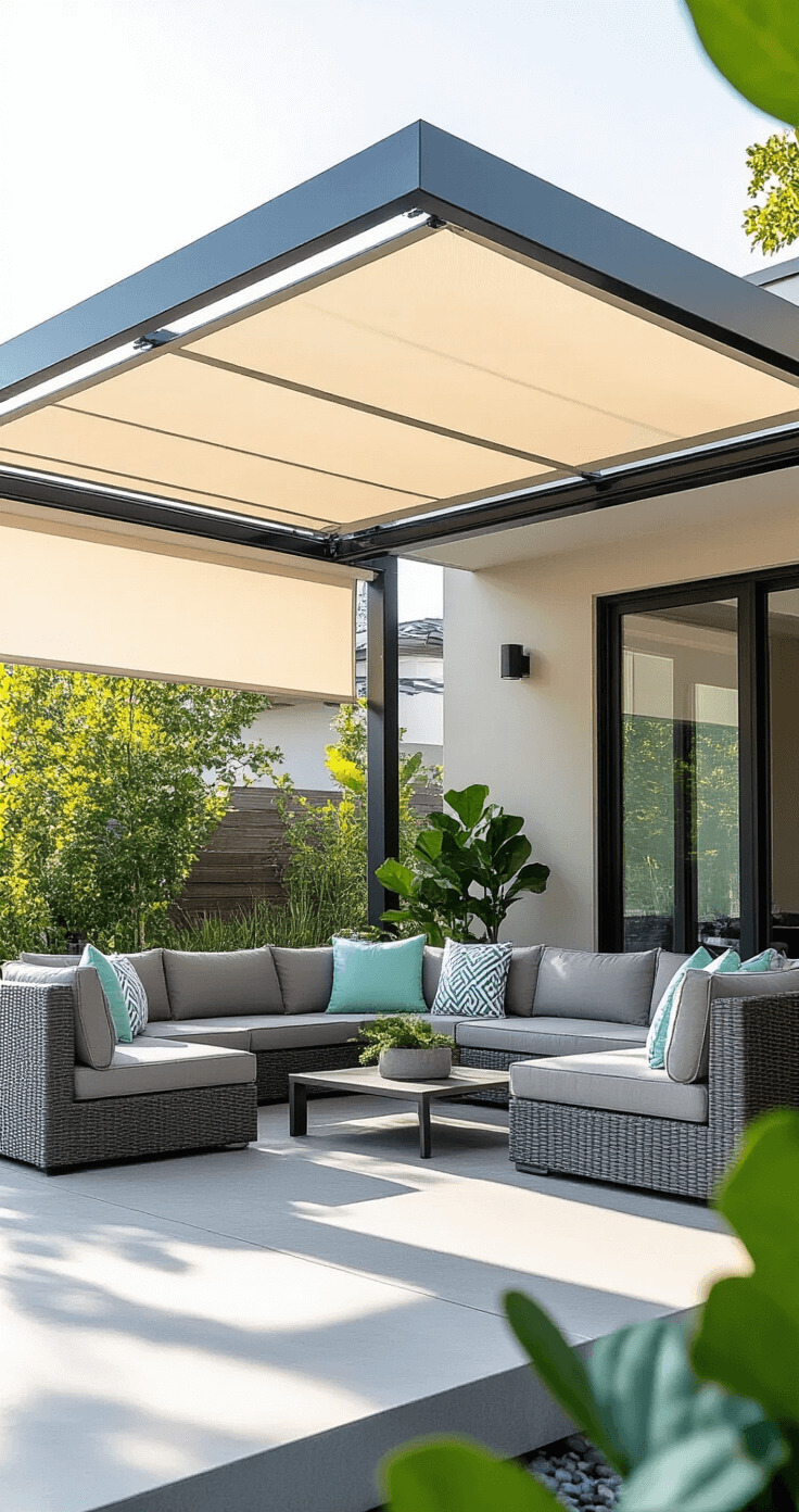 Modern retractable pergola over a contemporary patio lounge, featuring a cream-colored motorized awning partially extended, sleek aluminum frame, polished concrete floor, charcoal gray modular sectional seating, and geometric mint and white outdoor pillows, with fiddle leaf figs and elevated angle highlighting pergola mechanics and shade patterns in bright mid-morning light.