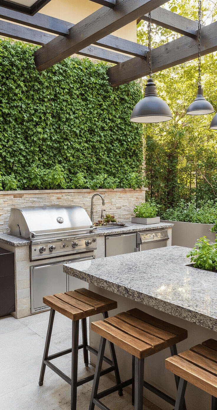 Sophisticated outdoor kitchen with a stainless steel grill island, granite waterfall countertops, coral stone backsplash, professional-grade appliances, bar seating, hanging pendant lights, and a lush climbing jasmine wall, captured in morning light.