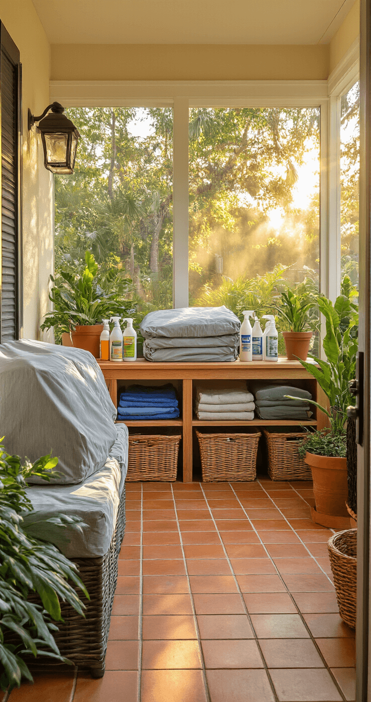 A cozy Florida patio maintenance station featuring neatly stored furniture covers, marine-grade protectant bottles on a wooden shelf, and organized cleaning supplies in wicker baskets, all illuminated by warm golden light streaming through a screened enclosure, with terracotta tile flooring and potted native plants like coontie and firebush, showcasing practical yet stylish organization.