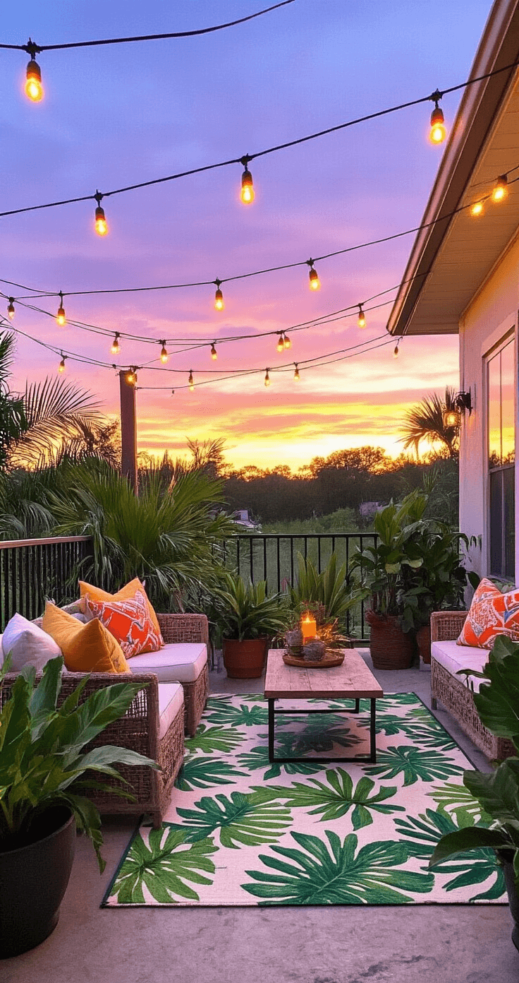 A transformed Florida patio with a tropical leaf patterned outdoor rug, zigzagged string lights for ambiance, native plants like saw palmetto and Simpson's stopper in DIY painted concrete block planters, colorful cushions on repurposed furniture, and a sunset sky in purple and orange, captured from a ground-level angle.