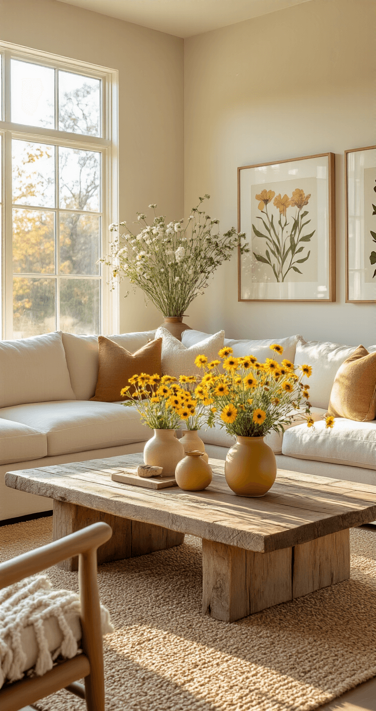 A modern living room filled with warm afternoon sunlight, featuring a cream linen sectional sofa, reclaimed wood coffee table adorned with vibrant yellow coreopsis, layered jute rugs, botanical prints on the walls, mid-century accent chairs, and earthy-toned throw pillows, all captured from a corner angle highlighting the serene atmosphere.
