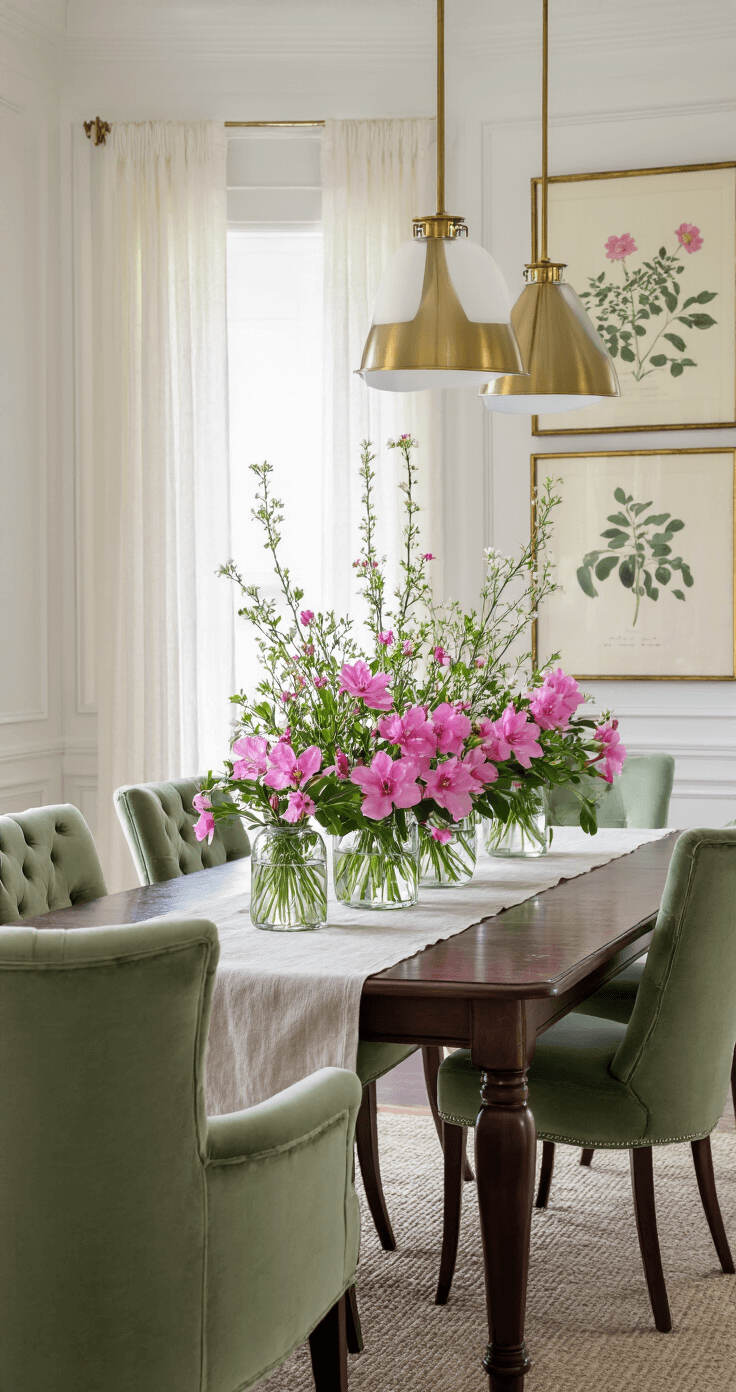 Elegant dining room with a dark walnut table adorned with seasonal wildflowers and pink azalea arrangements, bathed in soft spring morning light filtering through sheer curtains, featuring sage green velvet chairs, brass pendant lighting, and vintage botanical artwork against white wainscoting.