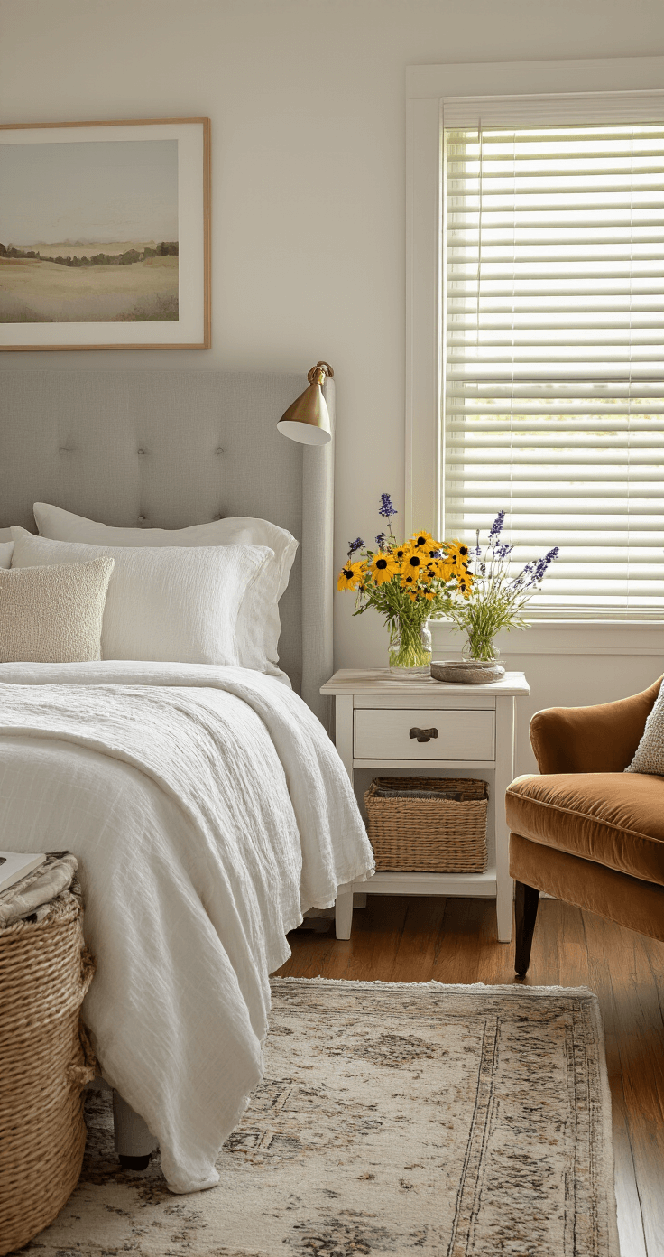 Cozy bedroom with soft grey upholstered headboard, layered white and cream bedding, black-eyed susan and salvia arrangements on nightstands, woven baskets, vintage area rug on hardwood floors, and a reading nook with a velvet chair, all bathed in warm golden light filtering through blinds during a peaceful summer evening.