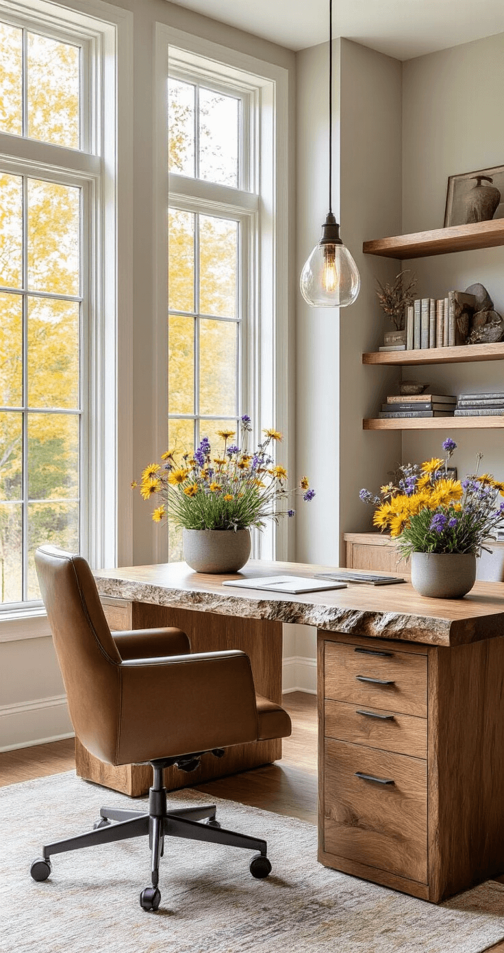 A sophisticated home office featuring a live-edge wood desk with Elliott's aster and blazing star in modern planters, bathed in morning light from tall windows, ergonomic leather chair, built-in shelving with books and botanical specimens, and pendant task lighting, all in a neutral color palette with lavender purple accents and natural textures, creating a productive autumn workspace atmosphere.