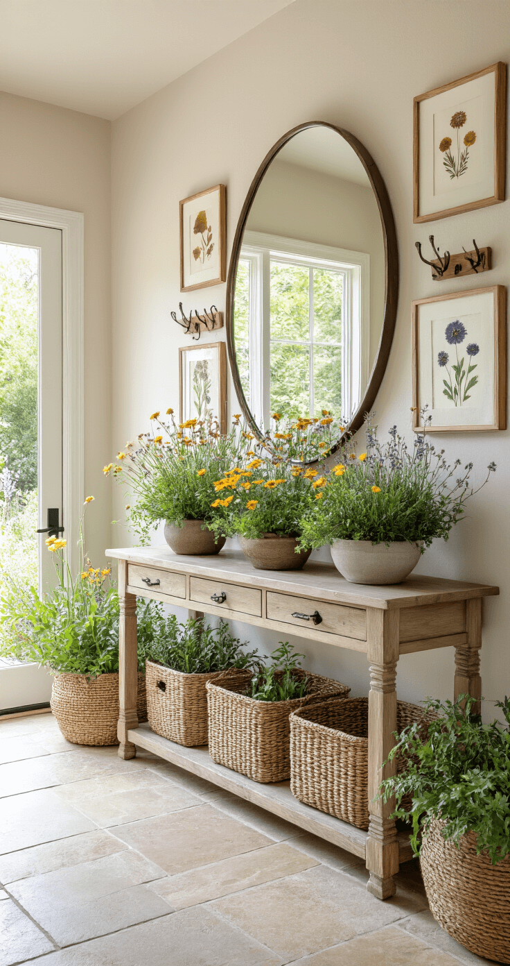 Stylish entryway with a layered wildflower garden design, featuring a console table of native plants, a round mirror reflecting garden views, stone tile flooring, woven storage baskets, natural material coat hooks, and a gallery wall of pressed flower art, all bathed in bright midday light.