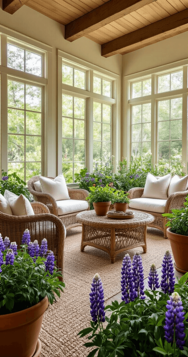 An elegant sunroom features regional native plants like columbine and lupines, with comfortable natural wicker furniture and white cushions. The space is illuminated by soft morning light, showcasing large windows with garden views, terracotta planters, and an exposed beam ceiling, creating a tranquil atmosphere in a north Florida garden room.