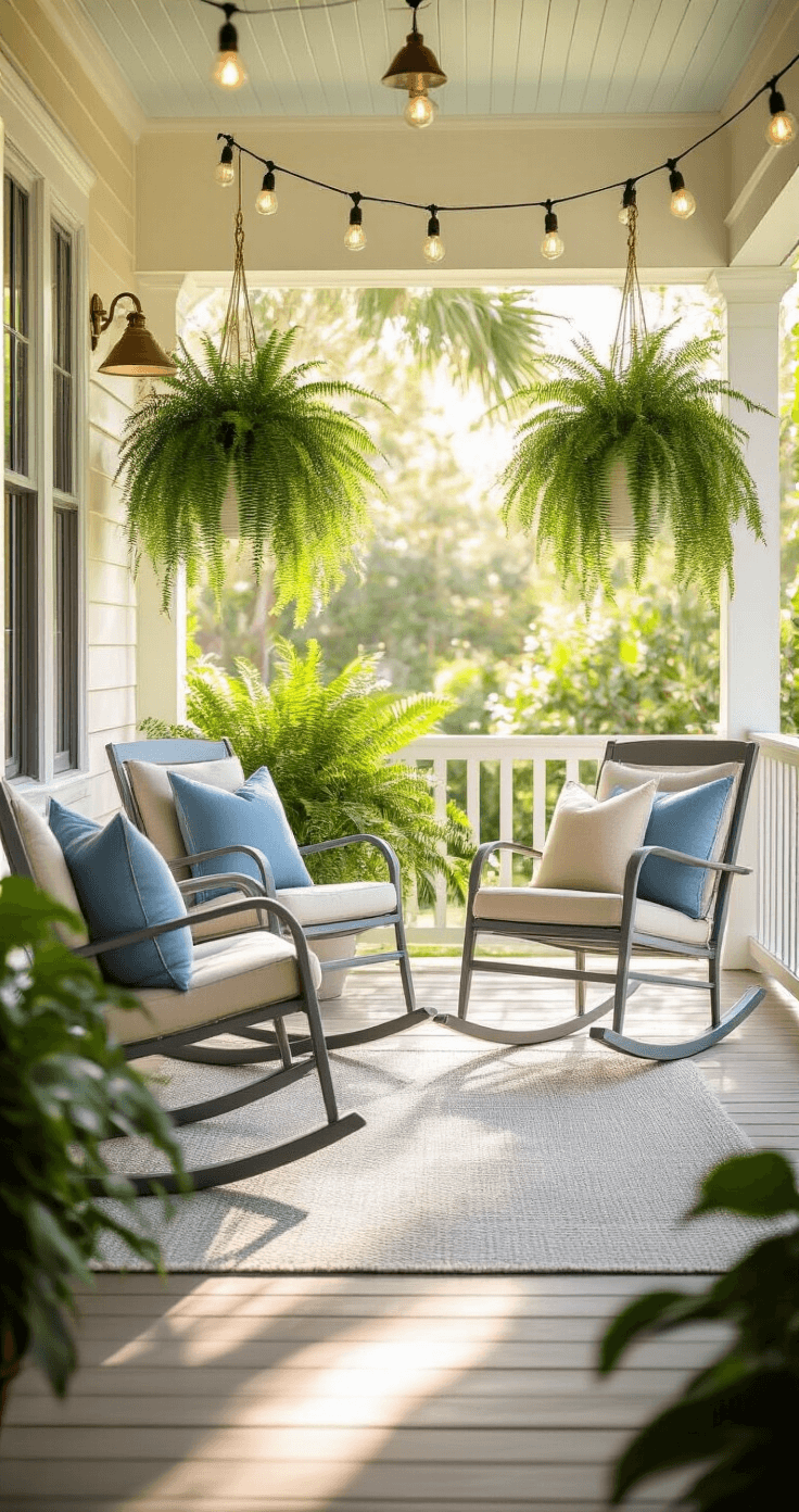 A sunlit Florida front porch featuring two angled powder-coated aluminum rocking chairs with soft blue and sandy beige throw pillows on a gray outdoor rug, framed by hanging Boston ferns in white ceramic planters, warm Edison string lights overhead, and weathered whitewash wooden floorboards, creating an inviting conversation area amidst lush tropical greenery.