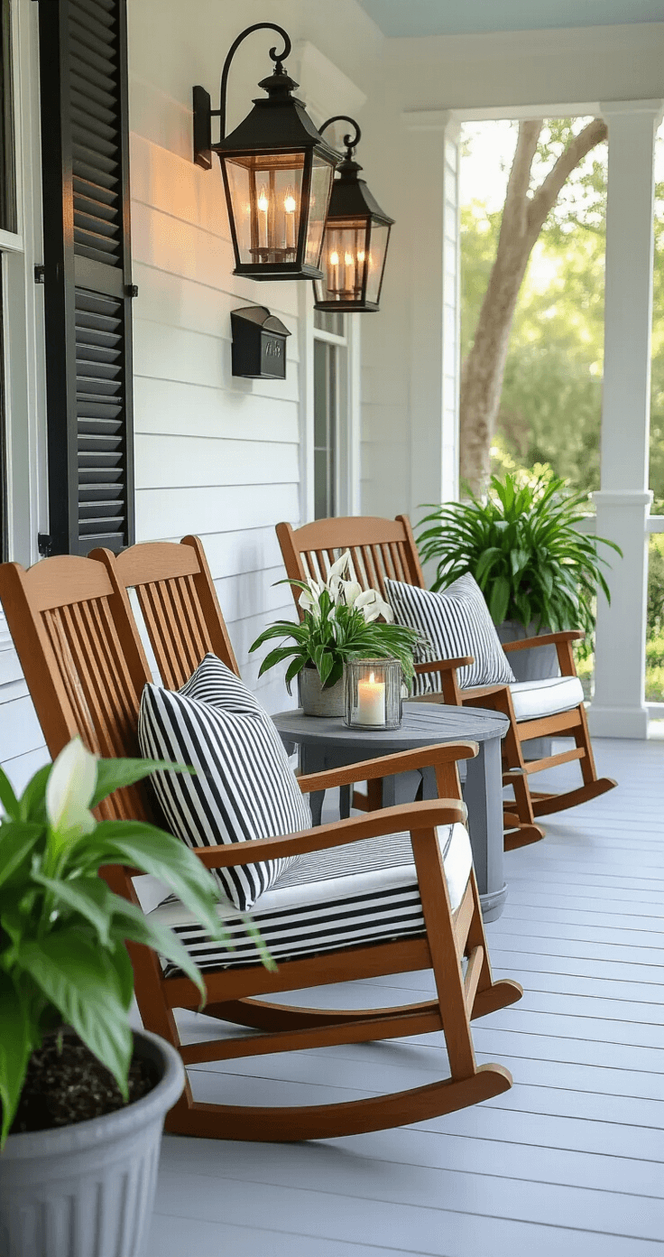 A classic Florida front porch featuring teak rocking chairs with striped cushions, a weathered gray side table, hurricane lanterns, potted peace lilies, a soft white wooden floor, elegant black house numbers, and café-style string lights, all illuminated by soft morning light at a slight angle.