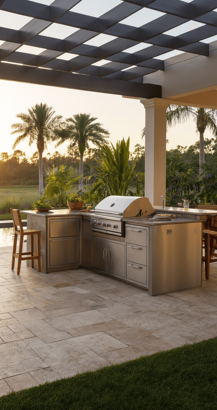 Ultra-realistic Florida outdoor kitchen at golden hour featuring a covered patio with a marine-grade stainless steel grill island, warm taupe granite countertops, integrated aluminum cabinetry, and an overhead pergola. Surrounded by tropical plants and teak bar stools, the scene includes subtle landscape lighting, hurricane-resistant design, and a view of palm trees, all captured in a cinematic wide-angle shot.