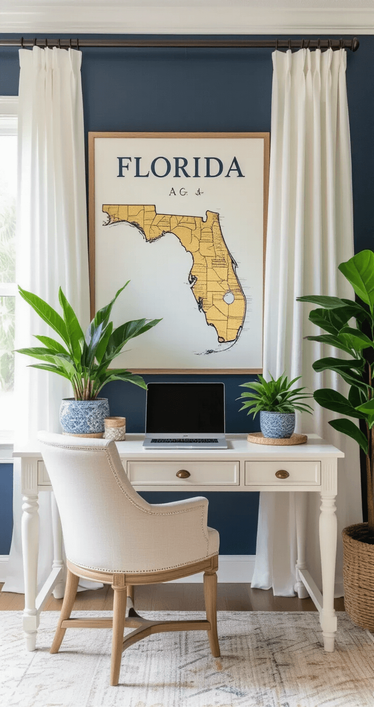 Modern Florida-inspired home office featuring a white oak desk, vintage welcome sign, tropical plants in ceramic planters, a large gold-foiled map of Florida, and airy linen curtains, all styled in a coastal color scheme with professional lighting and contemporary design elements.