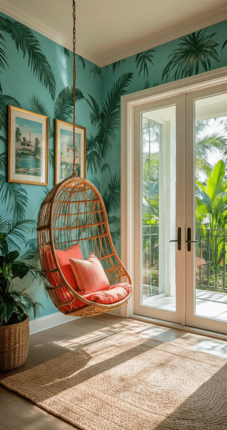 Bright and inviting sunroom featuring a turquoise and coral color palette, with a rattan hanging chair, vintage postcards in brass frames, and palm leaf wallpaper. Large sliding glass doors open to a tropical garden, illuminated by midday sunlight, showcasing a harmonious blend of indoor and outdoor living.