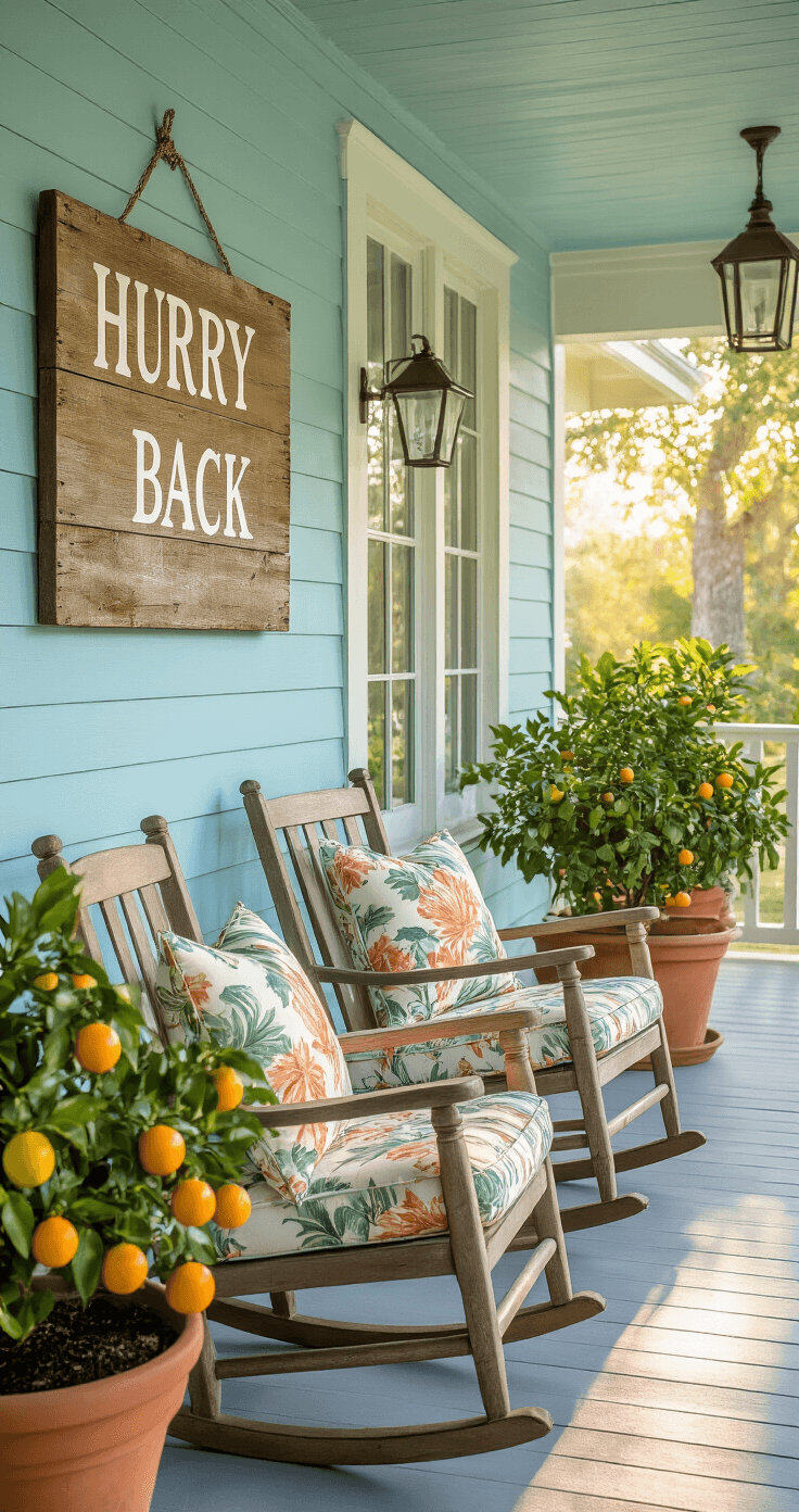 A vintage Florida-inspired front porch with a weathered wood 'Hurry Back' sign, pastel blue paneling, classic rocking chairs with tropical print cushions, and potted citrus trees in terracotta planters, all bathed in soft golden hour light. Mid-century Florida travel memorabilia adds to the nostalgic atmosphere.