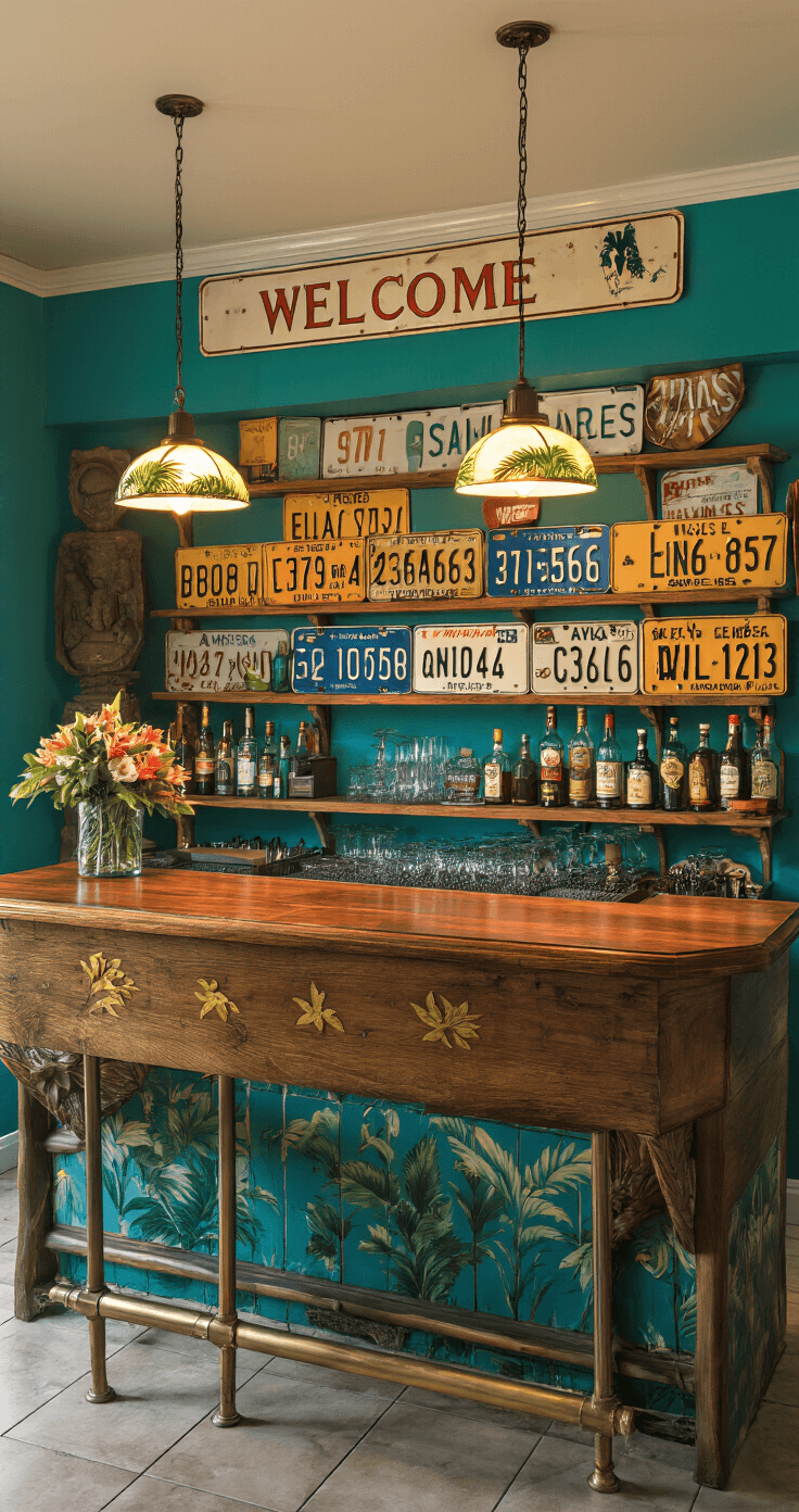 Eclectic Florida-themed home bar with state welcome sign, vintage license plates, tropical wood bartop, palm leaf pendant lights, and Miami-inspired color palette of teal, coral, and sunshine yellow, captured in moody ambient lighting.