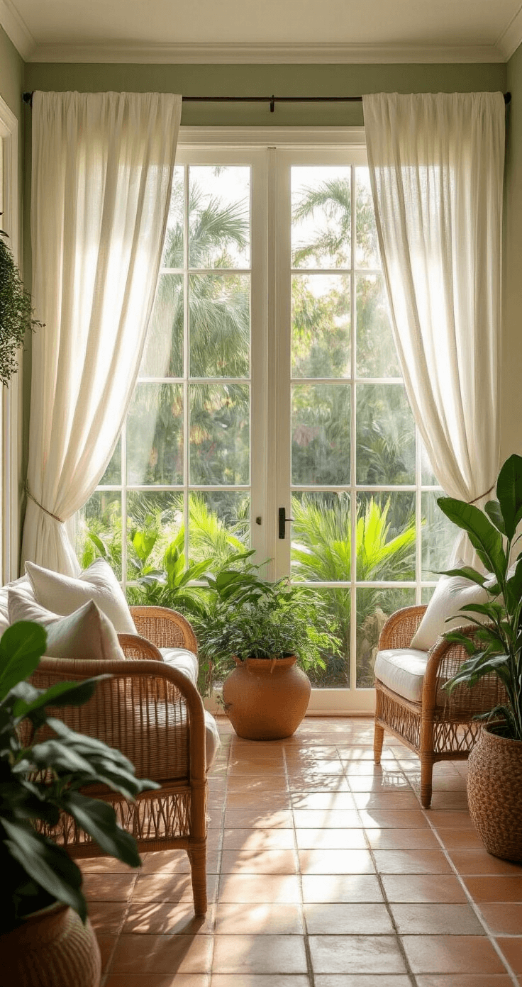 Ultra-wide interior shot of a modern Florida sunroom featuring floor-to-ceiling windows, billowing white linen curtains, rattan furniture, terracotta tiles, sage green walls with ceramic planters of native plants, and golden sunlight creating a warm atmosphere with a blurred outdoor garden view.