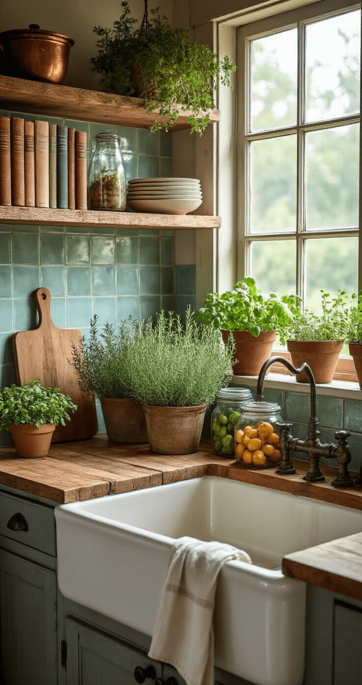 Rustic farmhouse kitchen with open shelving holding Florida botanical cookbooks, copper herb drying rack with fresh herbs, soft blue-green handmade ceramic tiles, reclaimed wood countertops, and large cast iron sink. Morning light highlights potted 'Black Pearl' pepper plants on the windowsill, alongside linen tea towels, vintage cutting boards, and glass canning jars of preserved harvests, creating a warm, inviting culinary atmosphere.