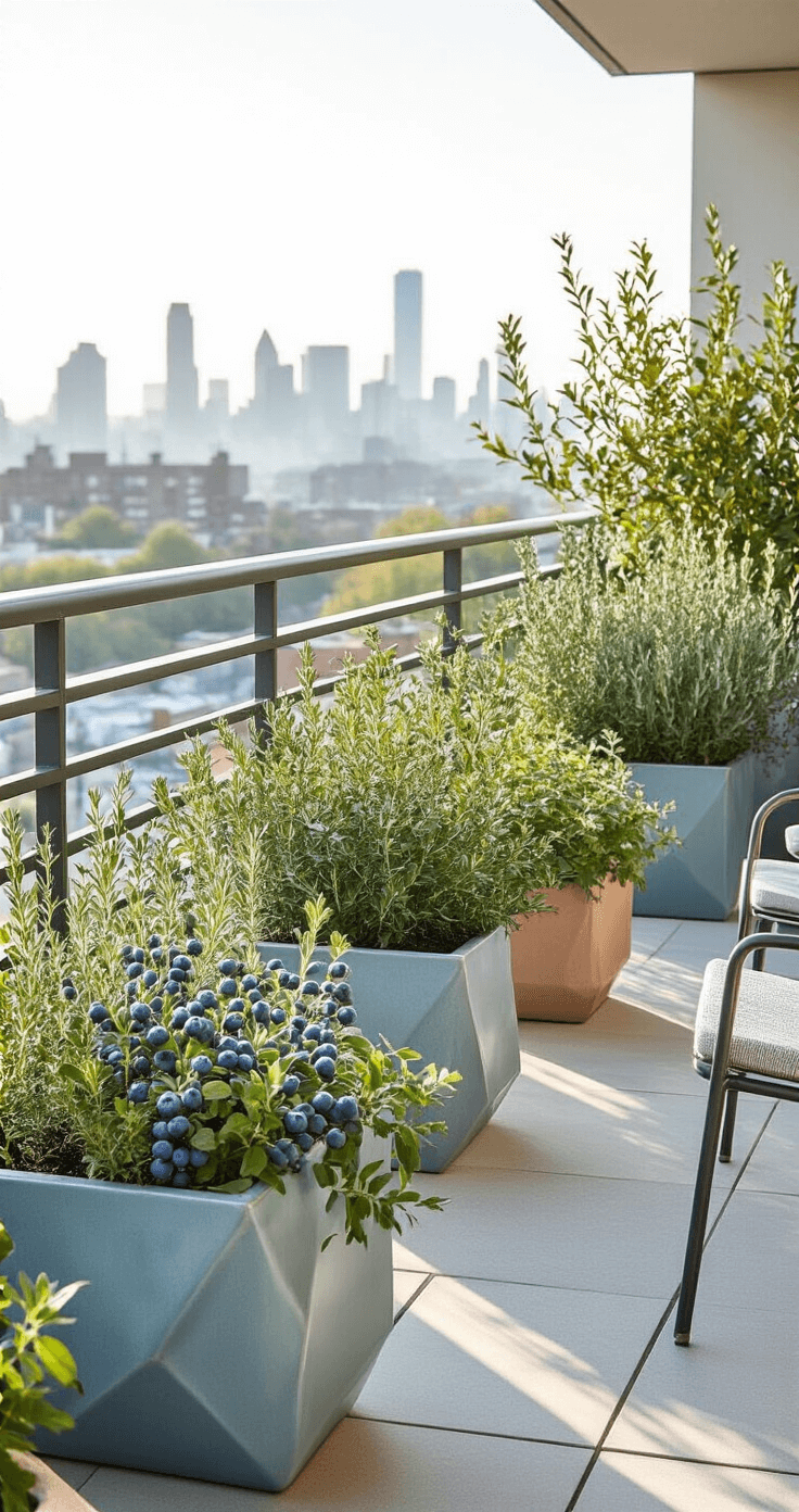 Intimate urban balcony garden featuring native drought-tolerant plants in artisan ceramic pots, with blueberry bushes in geometric planters and rosemary between sleek metal railings, all bathed in soft morning light with a watercolor-like cityscape in the background.