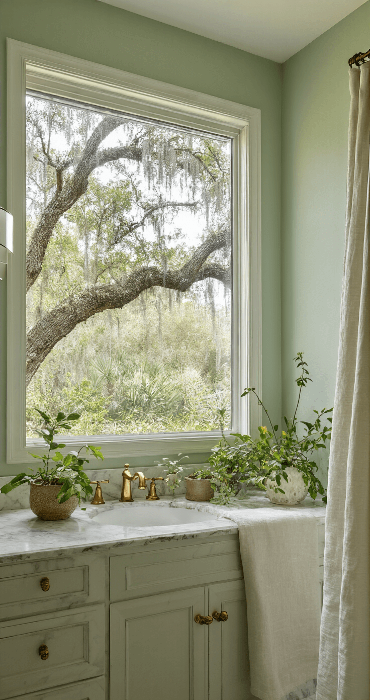 Luxurious Florida bathroom featuring a large picture window with a frosted glass view of a native garden, marble vanity with brass fixtures, sage green walls, and a linen shower curtain, complemented by potted native plants like Simpson's stopper and coral honeysuckle, all bathed in soft, natural light for a spa-like atmosphere.