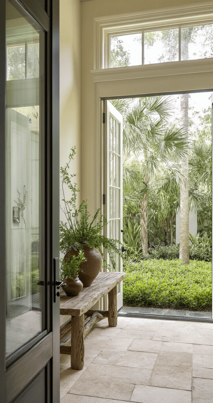 Coastal Florida home entryway featuring a rain barrel water collection system, limestone floor tiles, driftwood console table with native plants in a ceramic vessel, and sunshine mimosa groundcover, all illuminated by soft natural light from transom windows.