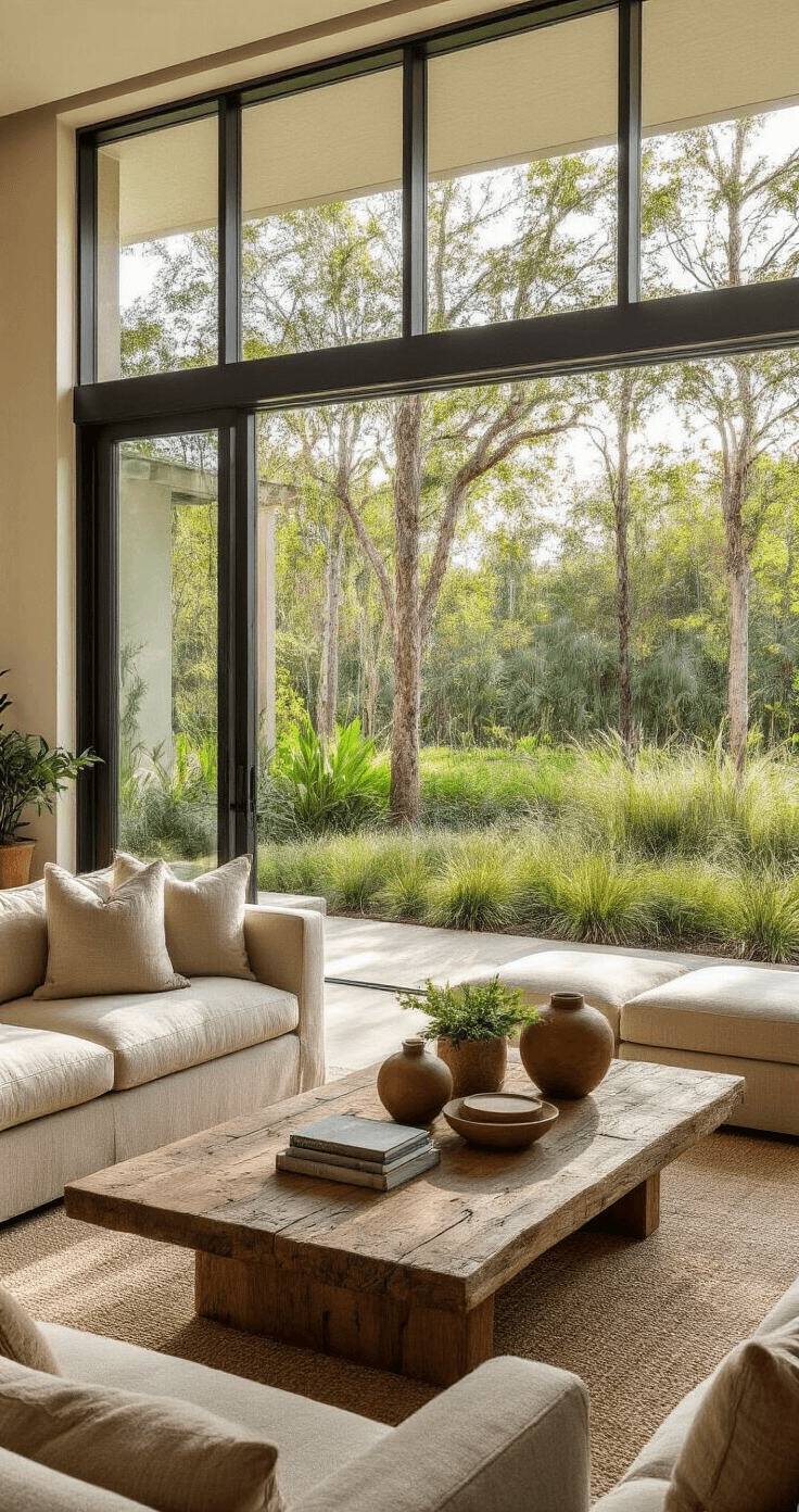 Spacious open-concept living area featuring hydrozoning landscape design visible through large sliding glass doors, with native plant beds and varying heights of greenery. Interior styled with organic materials, including linen upholstery and a reclaimed wood coffee table, in a soft color palette of sage, rust, and warm neutrals, illuminated by late afternoon sunlight creating dramatic silhouettes.