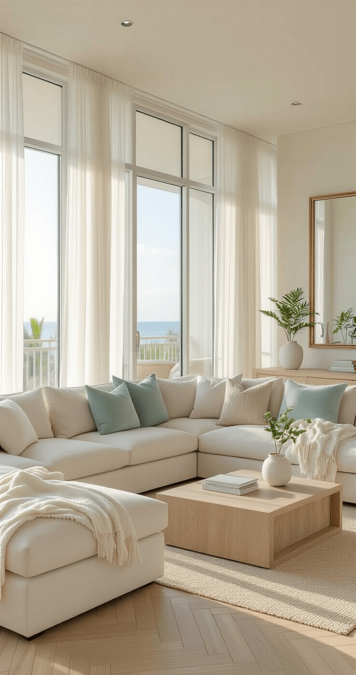 Photorealistic interior of a Florida condo living room featuring floor-to-ceiling windows, a light beige sectional sofa, a lift-top coffee table, and pale wood herringbone flooring; bright natural light fills the space, enhanced by sheer white curtains and a decorative mirror, with minimal tropical plants adding a touch of greenery.