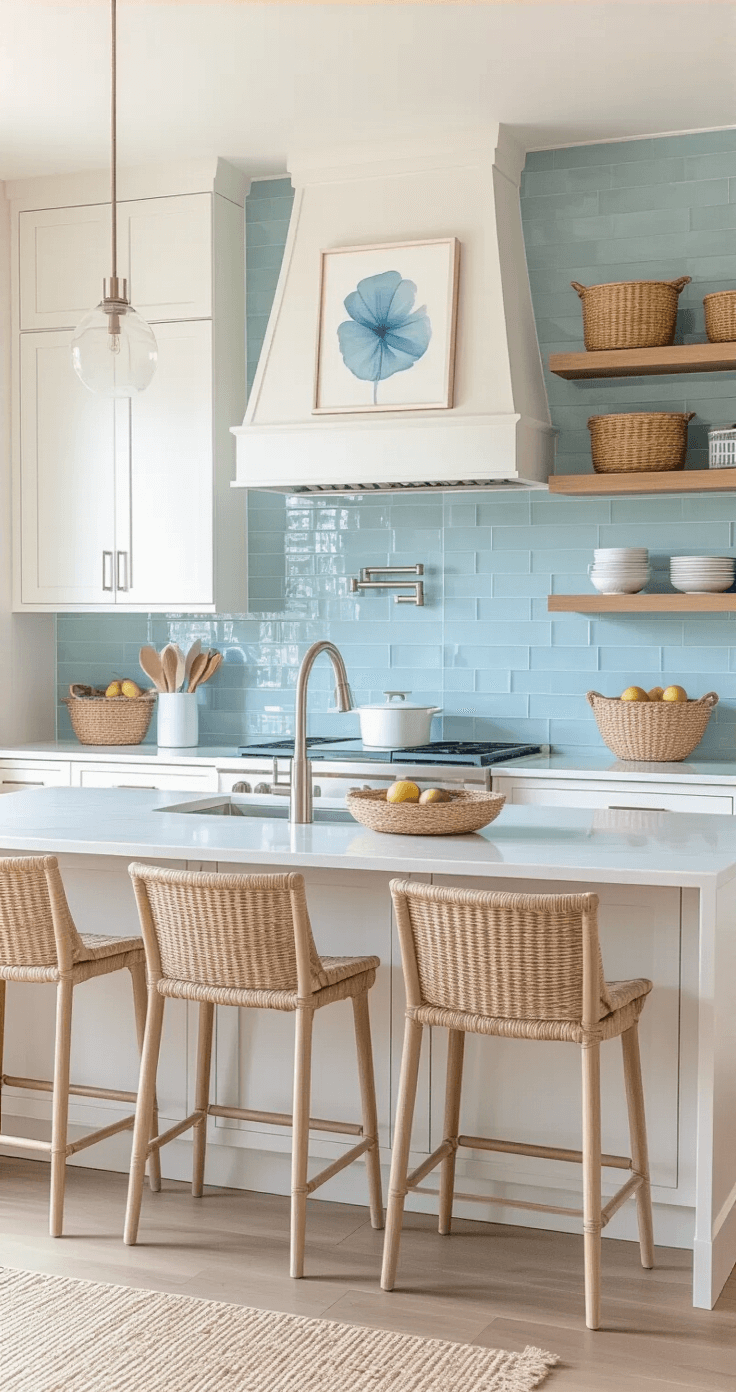 Coastal-inspired Florida condo kitchen with white shaker cabinets, light wood floating shelves, pale blue glass backsplash, and marble-like quartz countertops, featuring stainless steel bar stools, ocean-inspired artwork, and natural fiber elements.