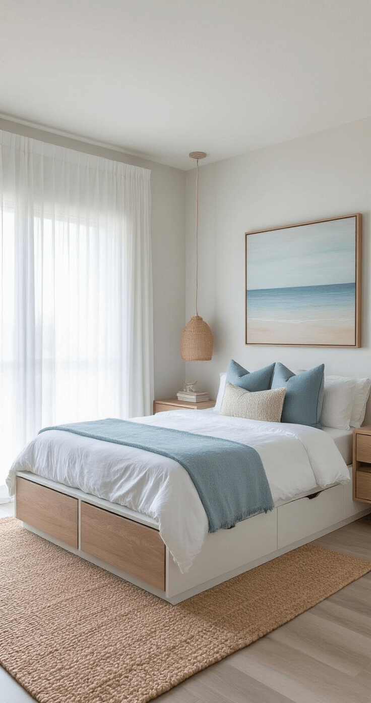 Compact Florida condo bedroom featuring multifunctional design with white walls, a bed with storage drawers, floating nightstands, sheer curtains, a decorative mirror, coastal artwork, a woven rug, and an ocean-inspired color palette.