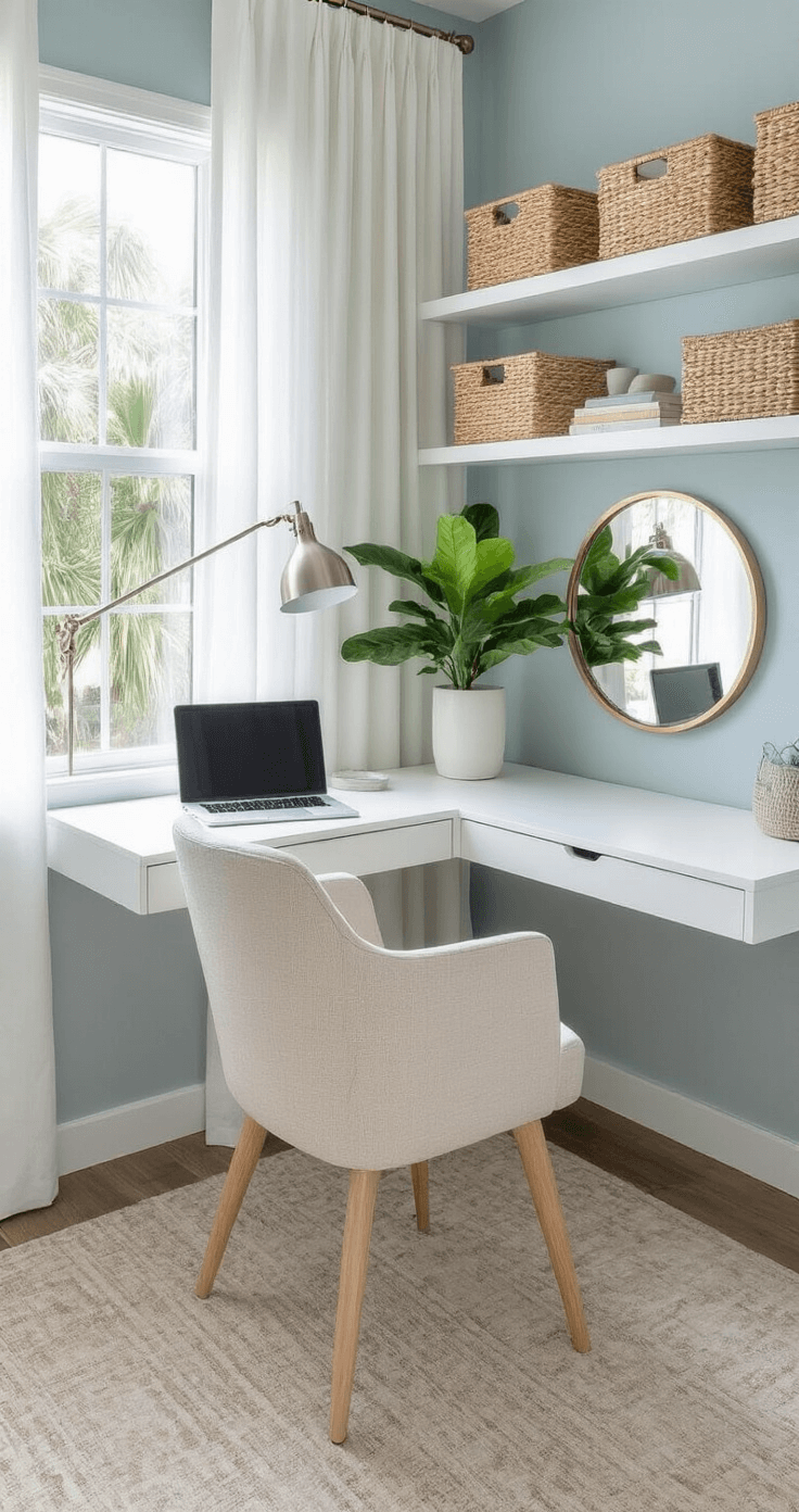 Modern Florida condo home office nook with a white floating desk and integrated shelving, large decorative mirror, ergonomic light wood chair, tropical plant in white planter, soft blue-gray walls, sheer white curtains, woven storage baskets, and brushed nickel desk lamp.