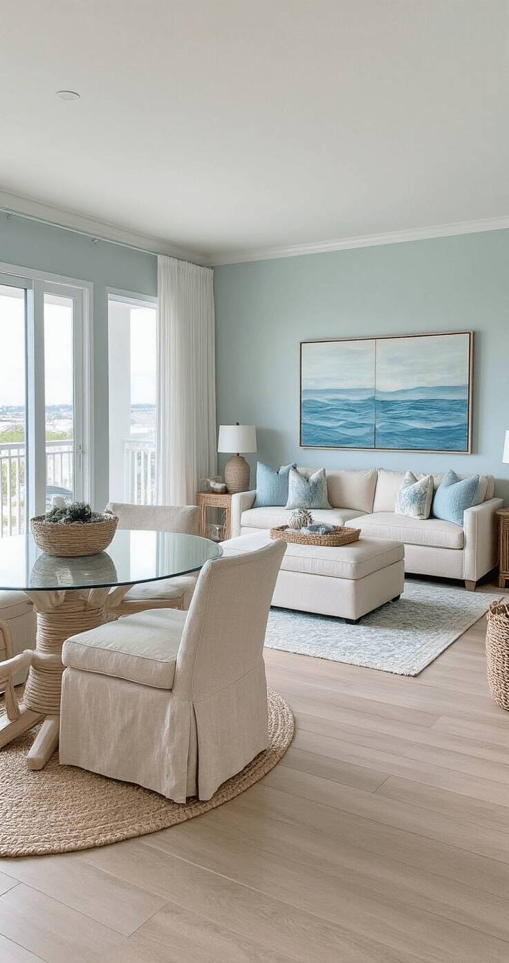 Open-concept Florida condo featuring light wood flooring, pale blue-gray walls, a round glass-top dining table, cream sofa, and large windows with sheer curtains, complemented by coastal-inspired decor and abstract ocean artwork.