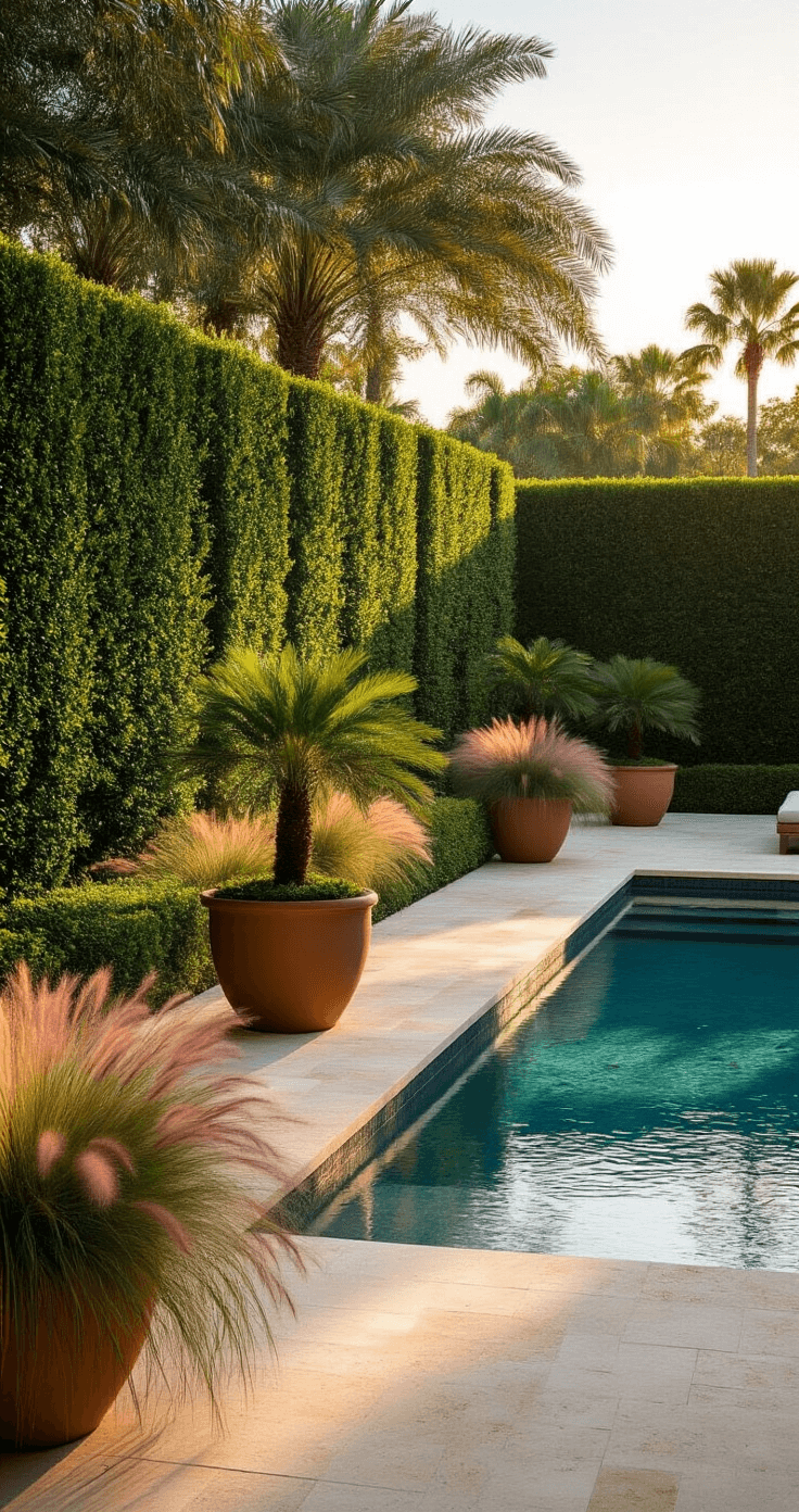 Cinematic wide-angle view of a modern Florida pool landscape during golden hour, showcasing lush Podocarpus hedges, warm ivory travertine pavers, Pygmy Date Palms in terracotta pots, and soft pink Muhly grass, with dappled sunlight and a minimalist pool design reflecting tropical vegetation.