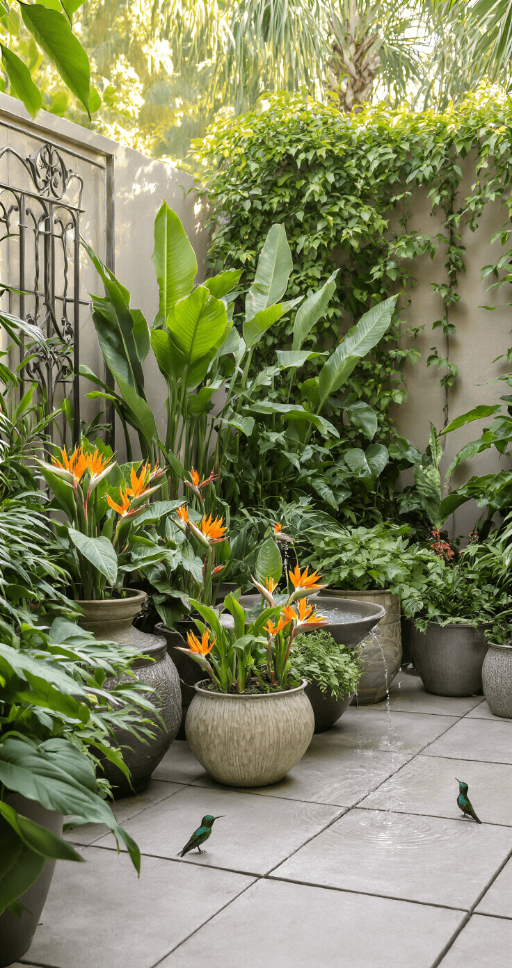 Intimate poolside garden with various outdoor planters featuring Bird of Paradise plants, Carolina Jessamine climbing an iron trellis, and a small solar-powered water feature, all bathed in soft morning light against a textured concrete deck, with tropical plants creating privacy barriers and a hummingbird hovering nearby.