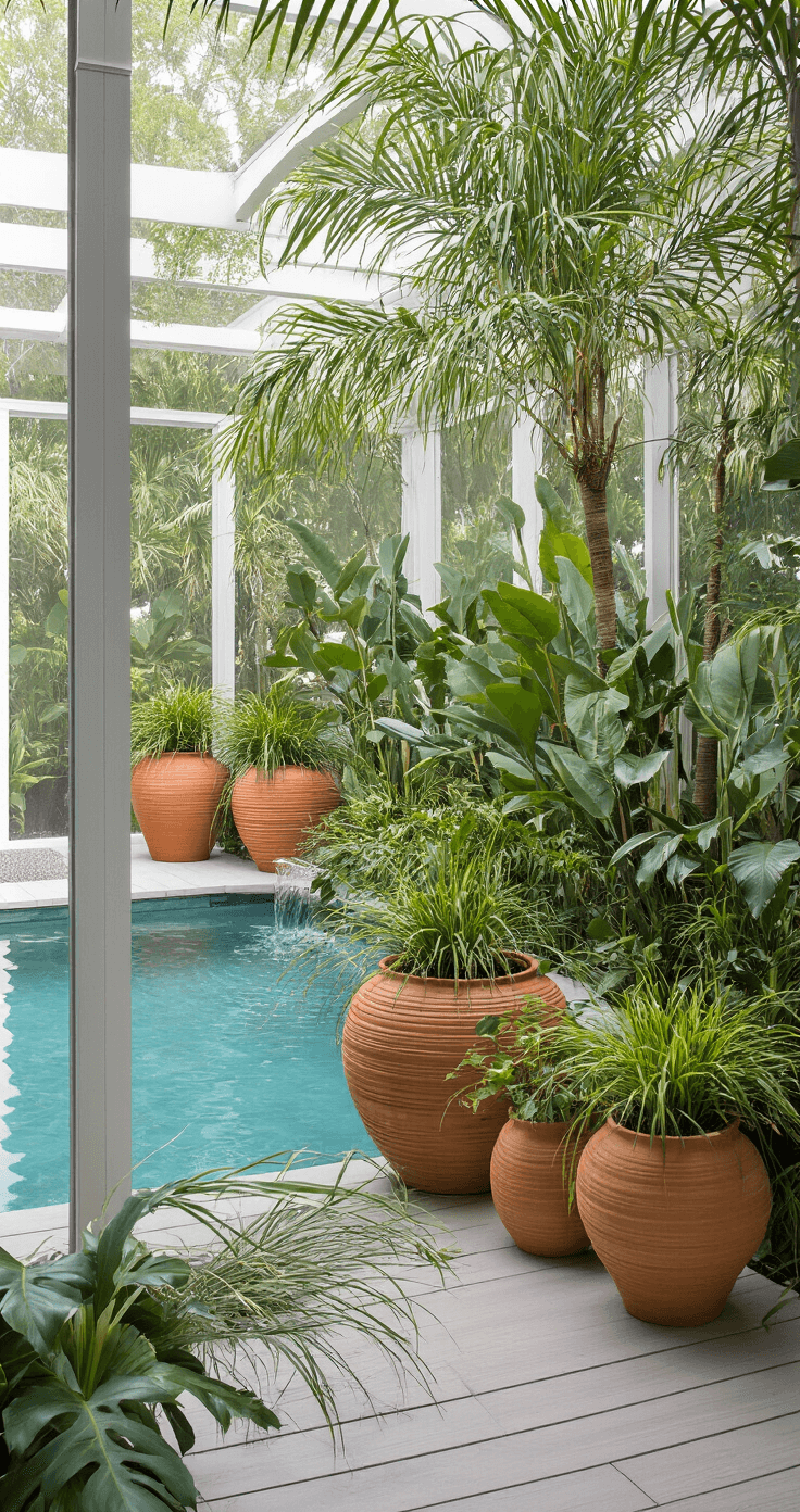 A serene pool enclosure surrounded by native Florida plants, including Pygmy Date Palms in large terracotta containers and ornamental grasses, with a bamboo water feature providing gentle sounds; the clean contemporary stone deck features minimal clutter and thoughtfully arranged plants for natural privacy.