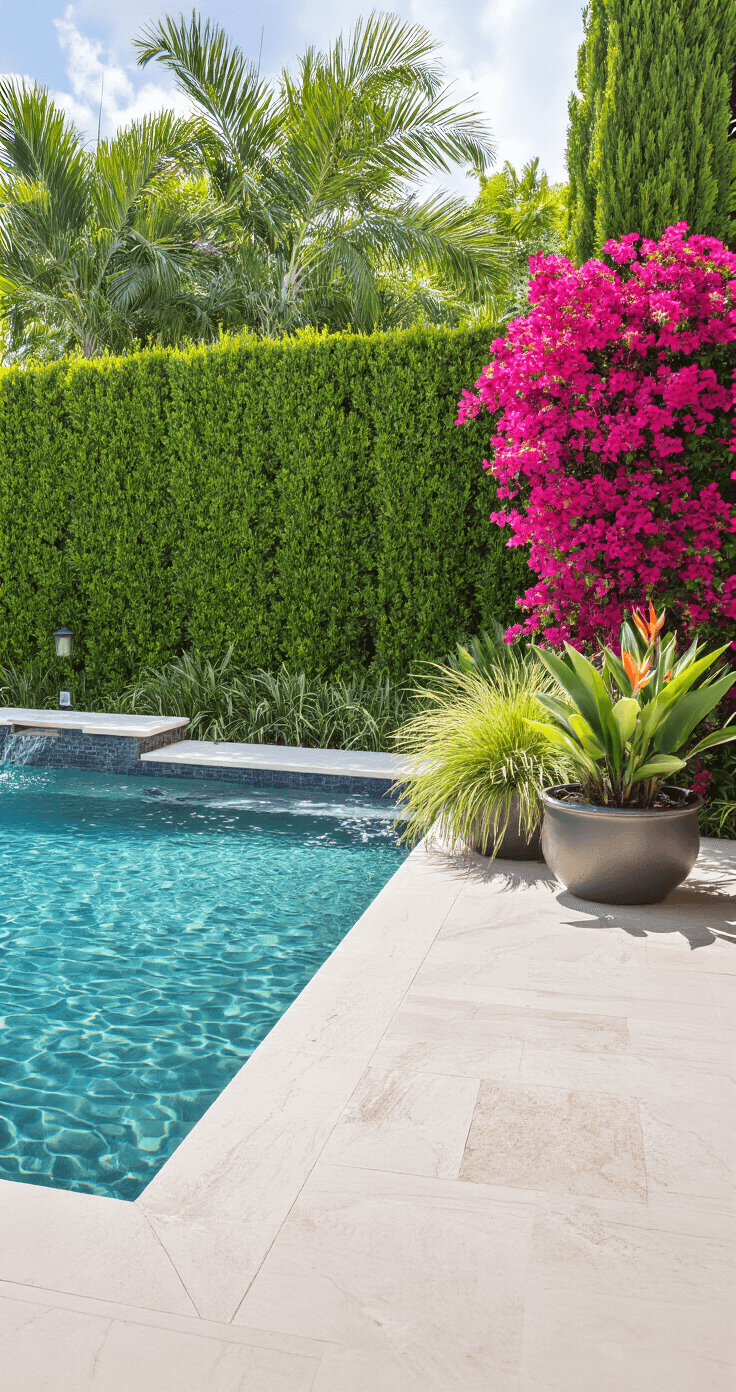 Vibrant poolside landscape featuring a lush Podocarpus privacy hedge, Bougainvillea trellises with vivid magenta flowers, decorative Bird of Paradise plants in large containers, soft Muhly grass, solar garden lights, and a clean travertine deck under bright Florida sunlight.
